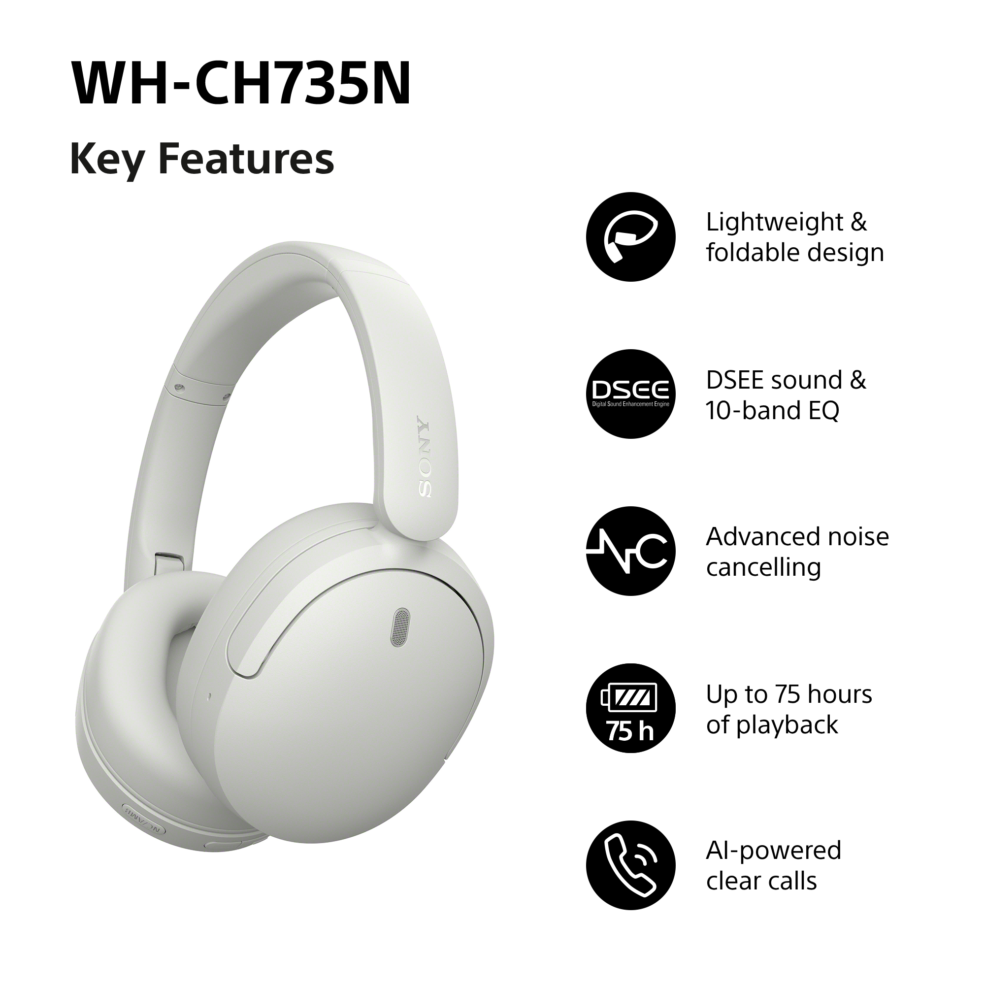 Cuffie bianche Sony WH-CH735N con elenco delle caratteristiche principali su sfondo bianco.