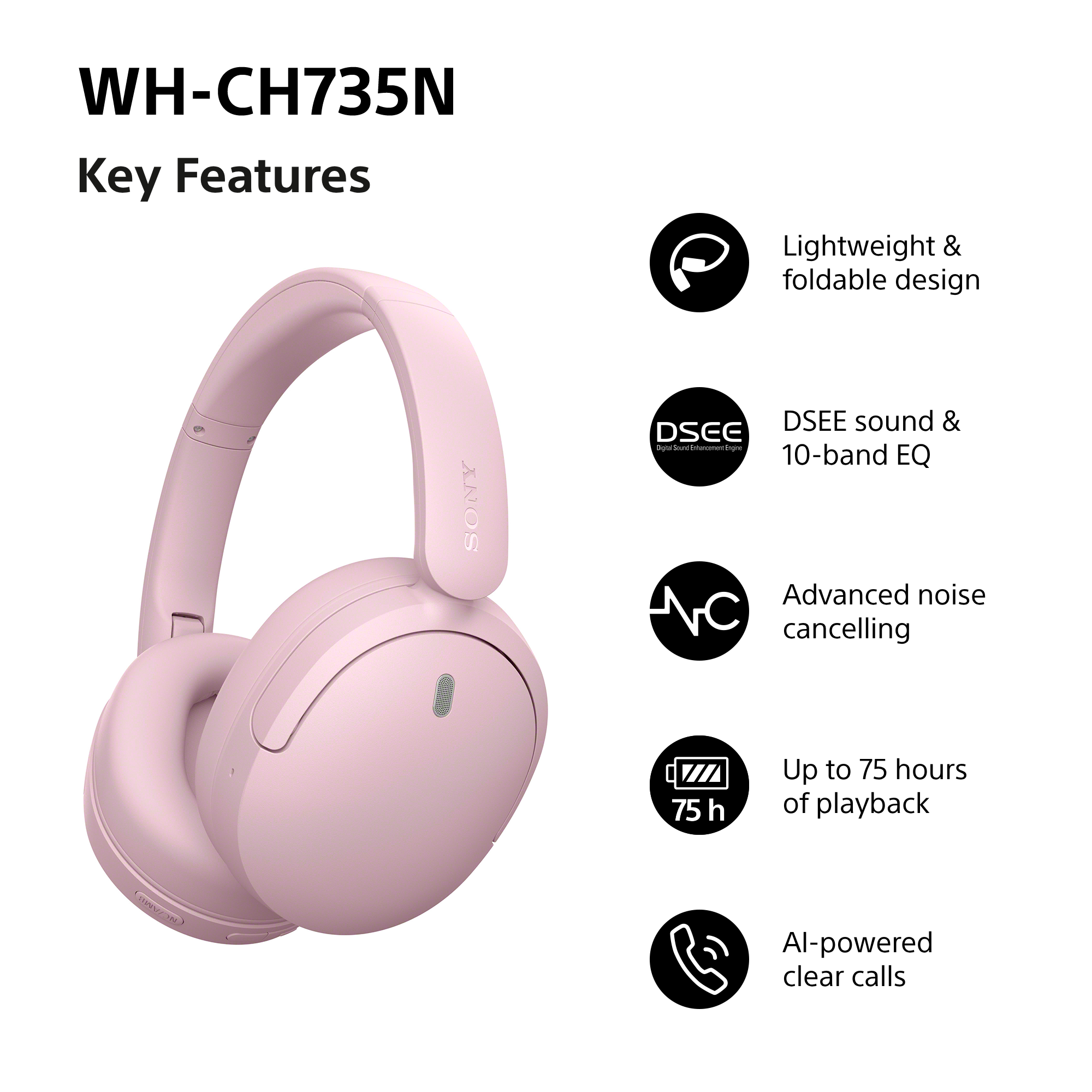 Casque rose Sony WH-CH735N avec fonctionnalités clés et icônes sur fond blanc.