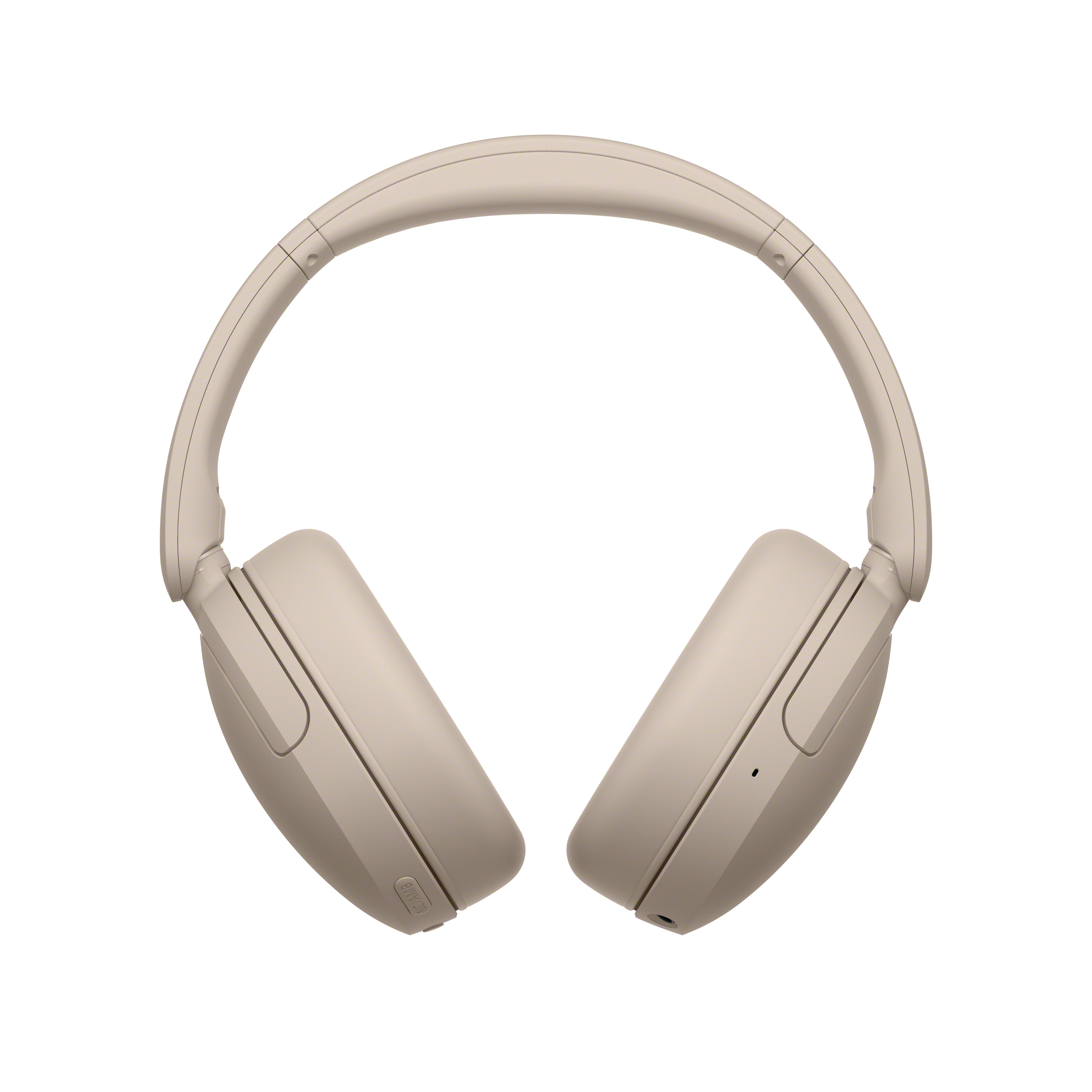 Casque audio beige centré sur un fond blanc.
