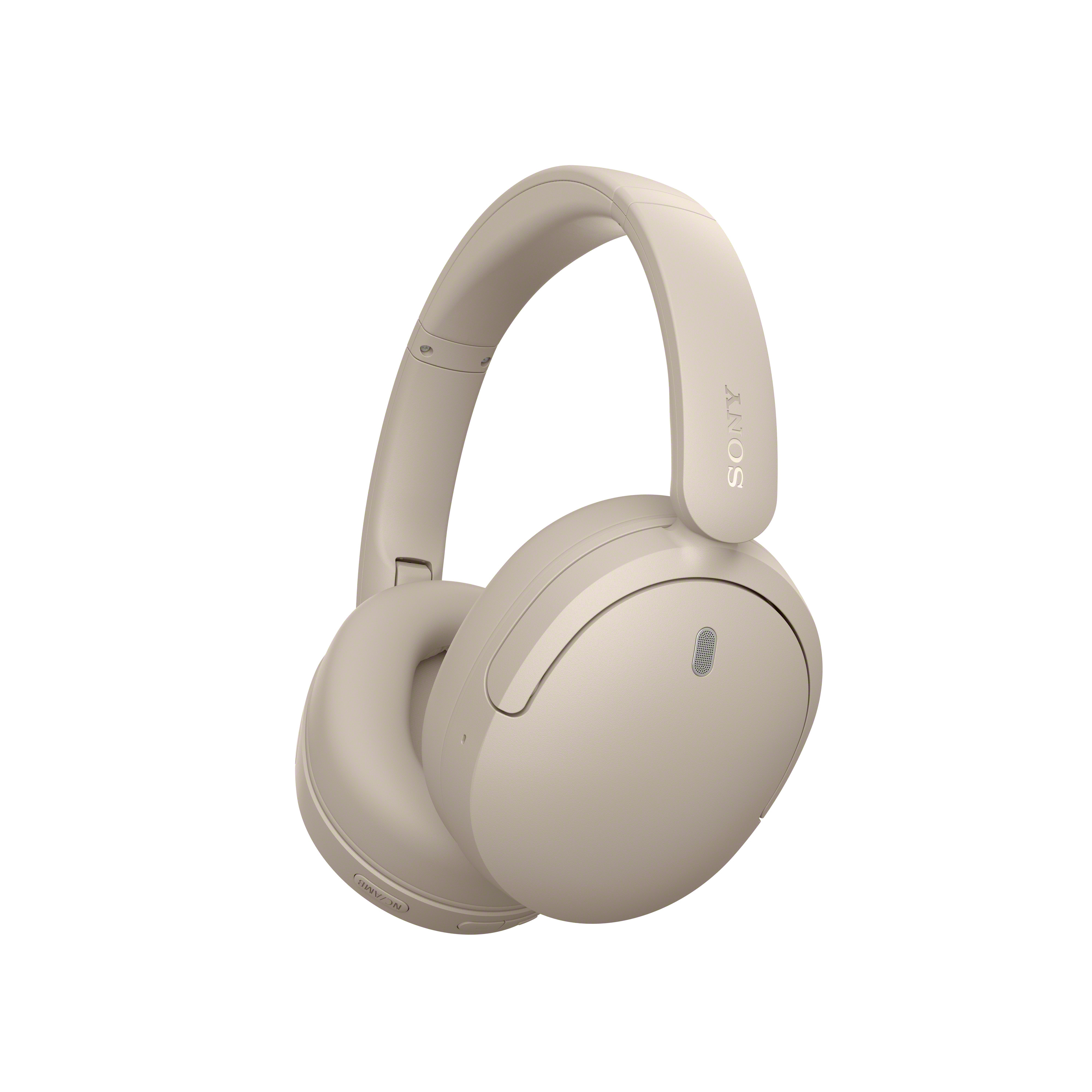 Casque supra-auriculaire Sony beige avec coussinets doux sur fond blanc.