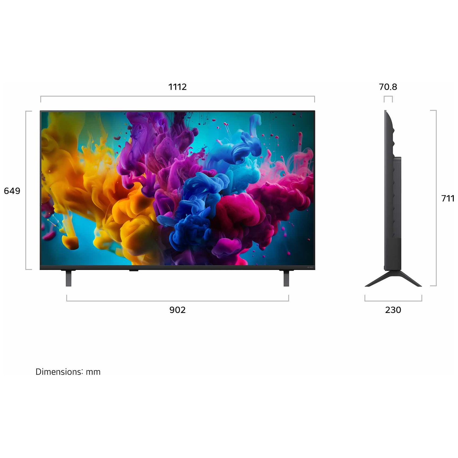 Technische tekening van een flatscreen-tv met afmetingen in millimeter voor hoogte, breedte en diepte.