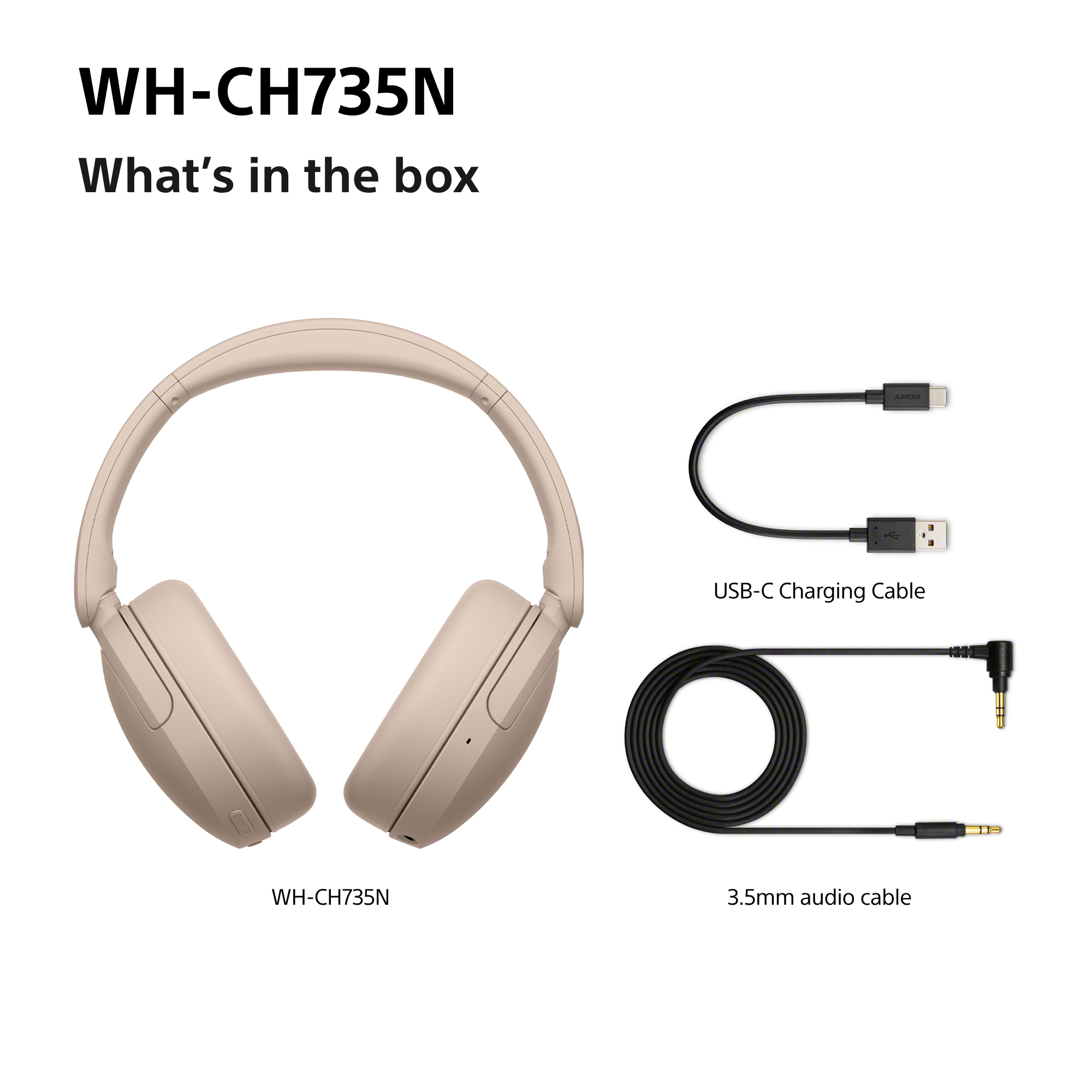 Casque beige, câble de charge USB-C et câble audio 3.5 mm sur fond blanc.