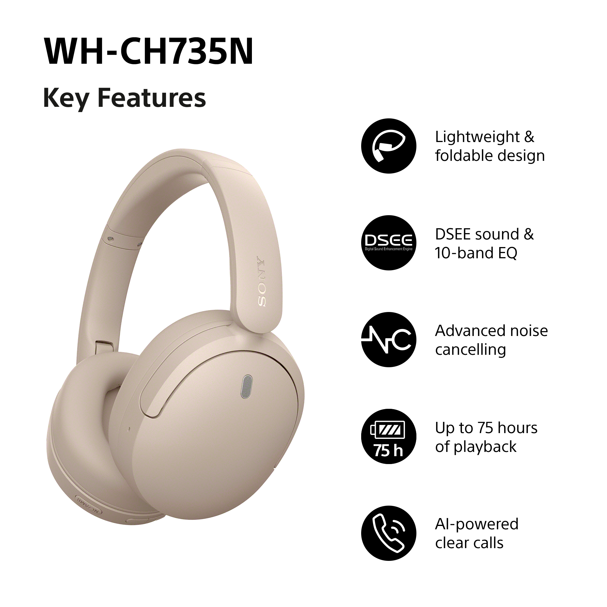 Casque Sony WH-CH735N beige à côté d'une liste de cinq caractéristiques clés avec des icônes.