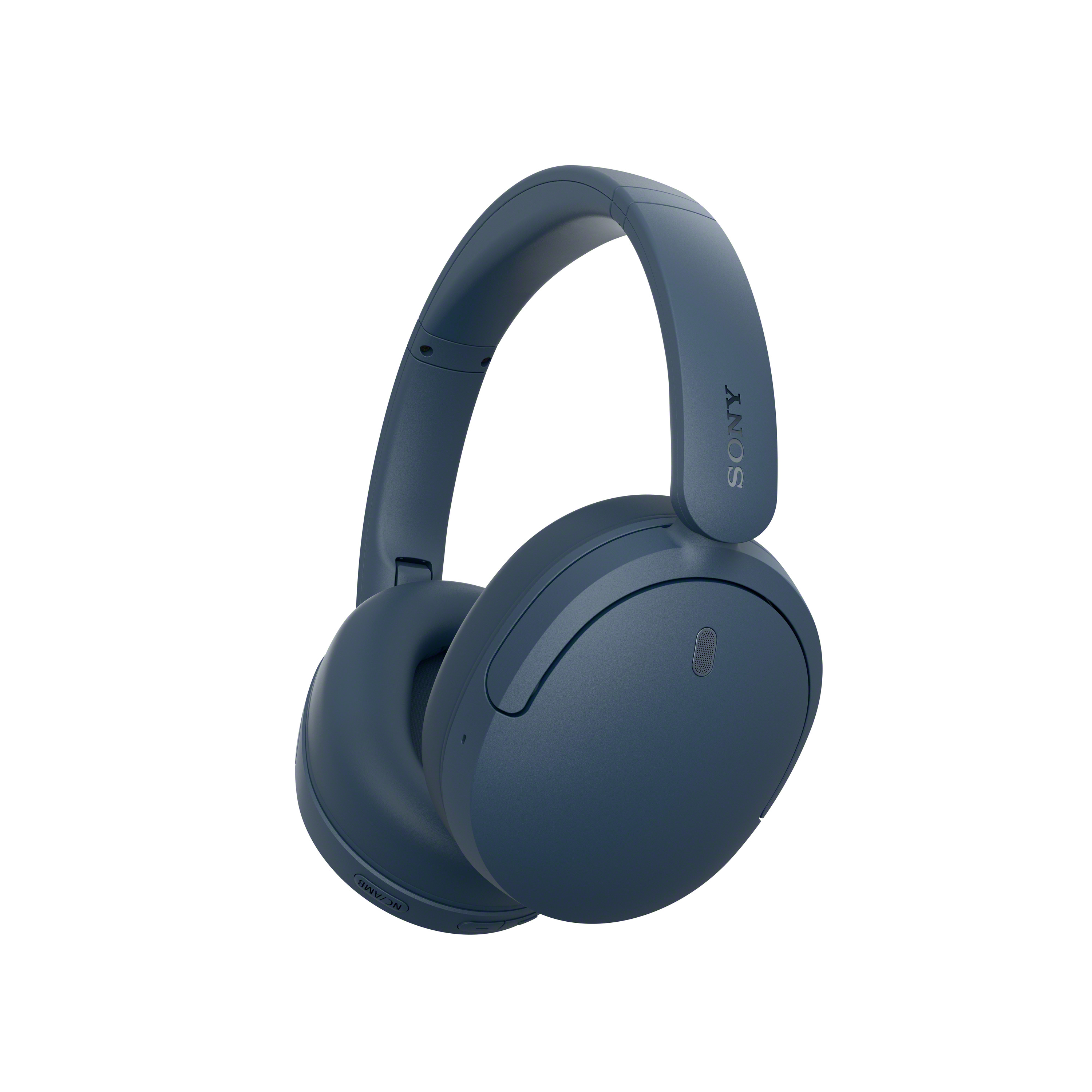 Ein Paar dunkelblaue Over-Ear-Kopfhörer mit dem Sony-Logo auf dem Bügel vor weißem Hintergrund.