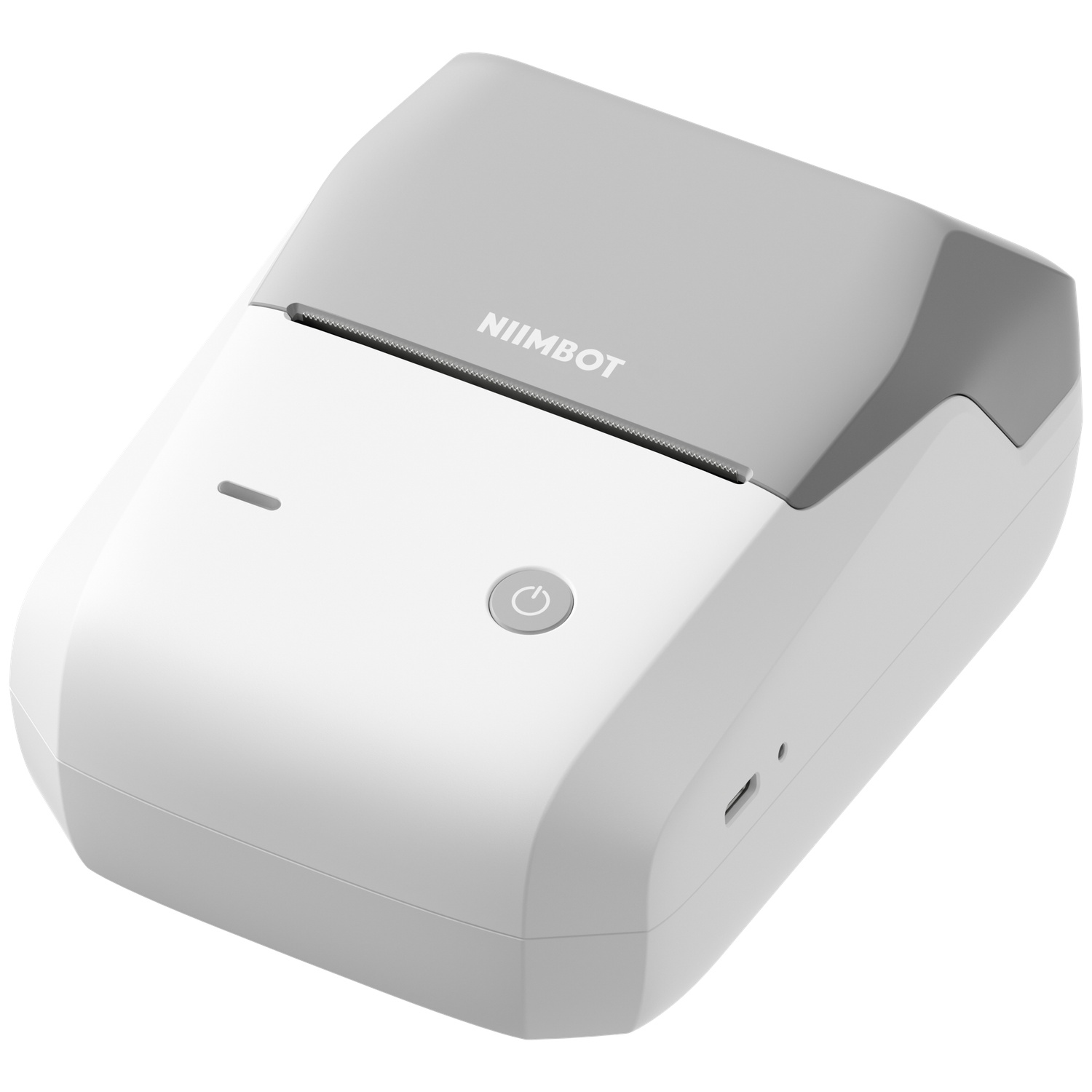 Een wit-grijze Niimbot labelprinter met aan-uitknop en USB-poort op een witte achtergrond.