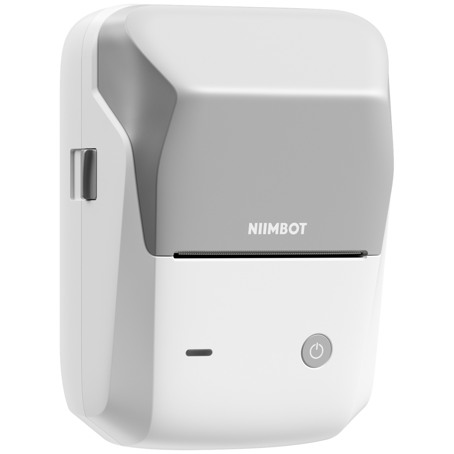 Compacte wit-grijze NIIMBOT labelprinter met aan/uit-knop en statuslampje op een witte achtergrond.