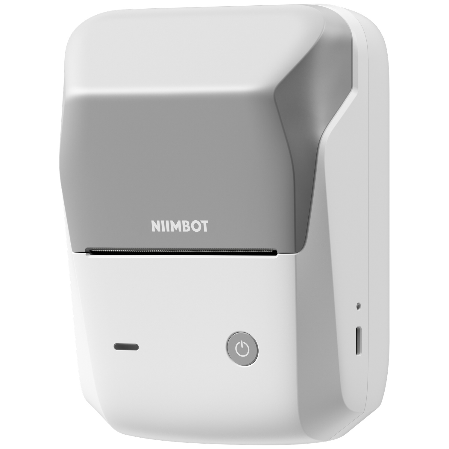 Compacte witte Niimbot labelprinter met een grijze klep en aan/uit-knop.