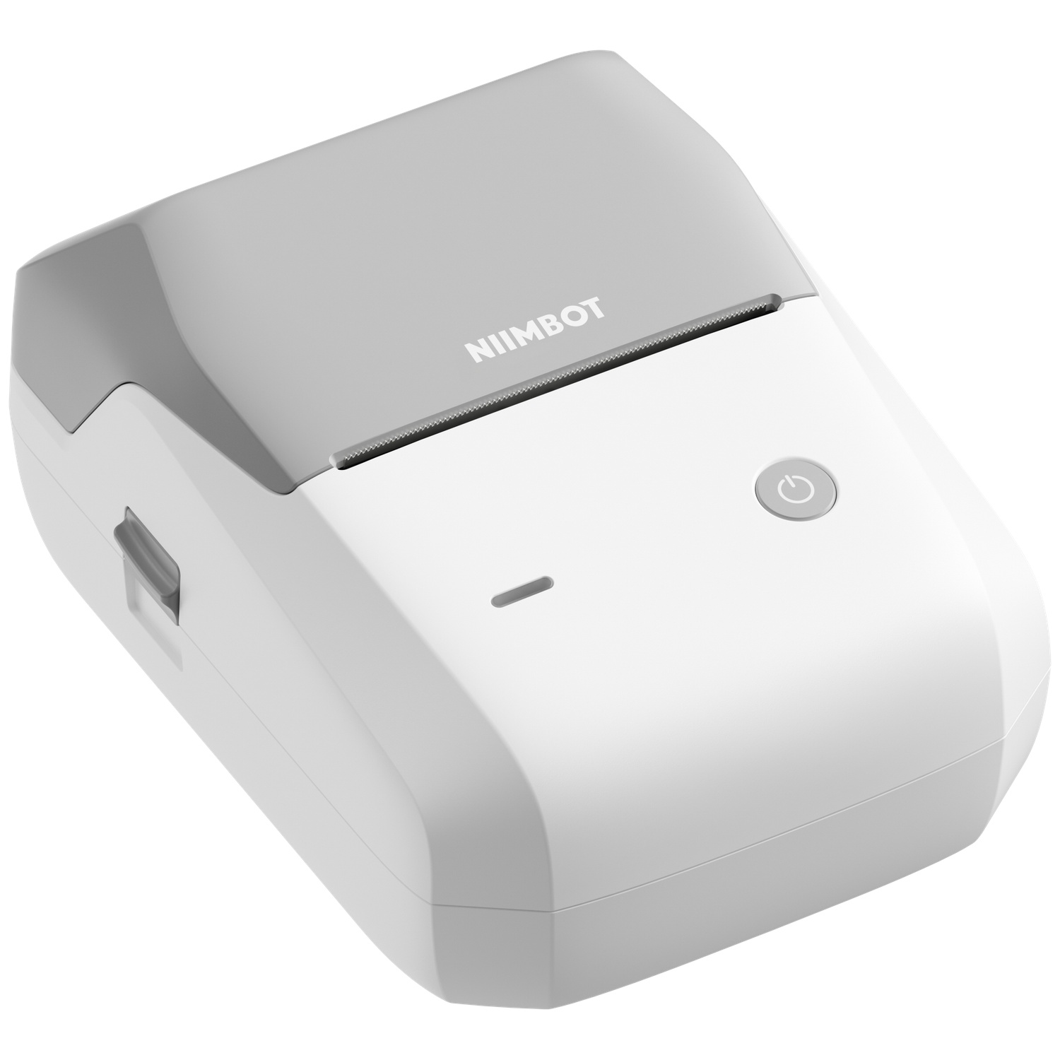 Een witte en grijze Niimbot-labelprinter met een ronde aan/uit-knop en een kleine sleuf tegen een witte achtergrond.