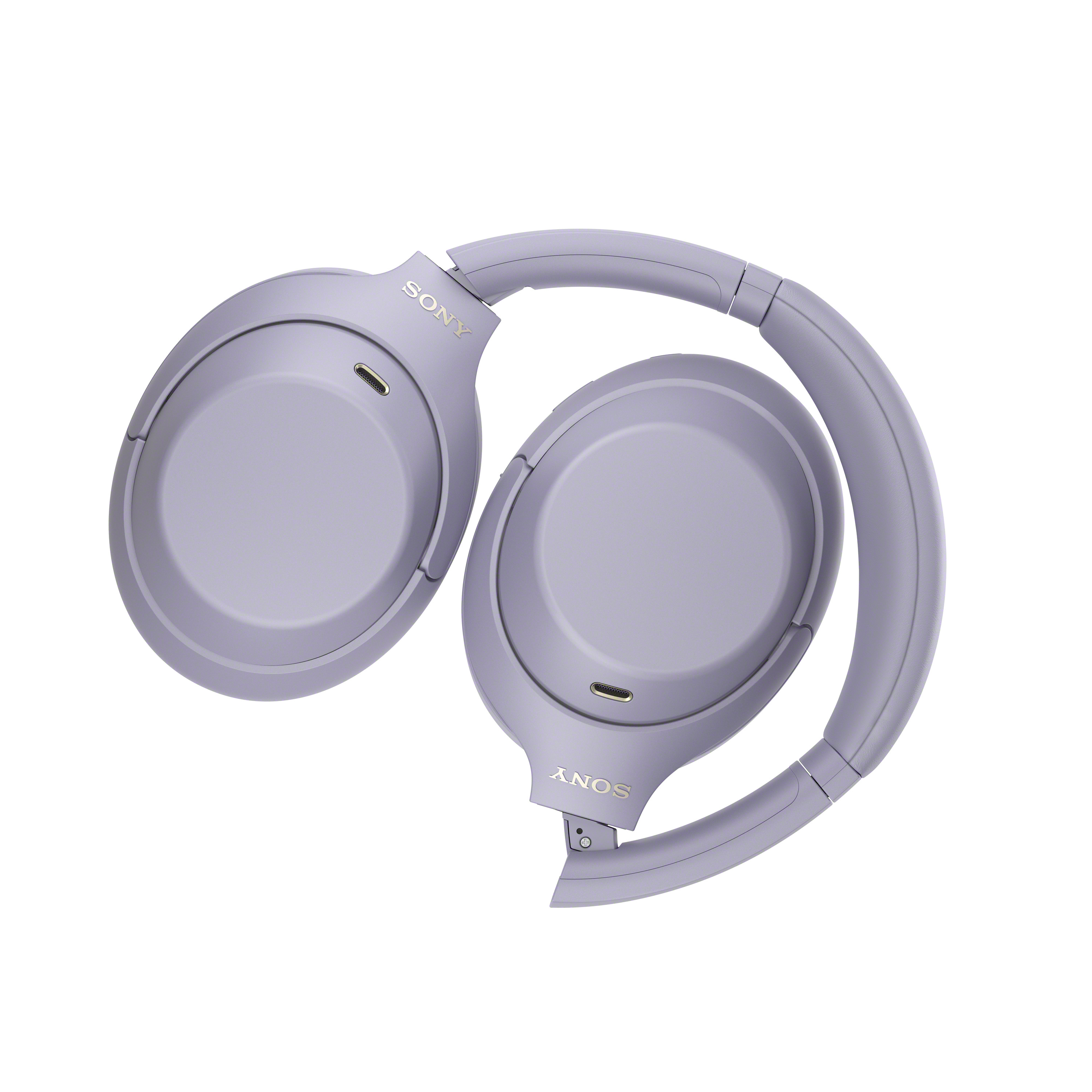 Lila Sony-Over-Ear-Kopfhörer mit verstellbarem Bügel und Mikrofon auf weißem Grund.