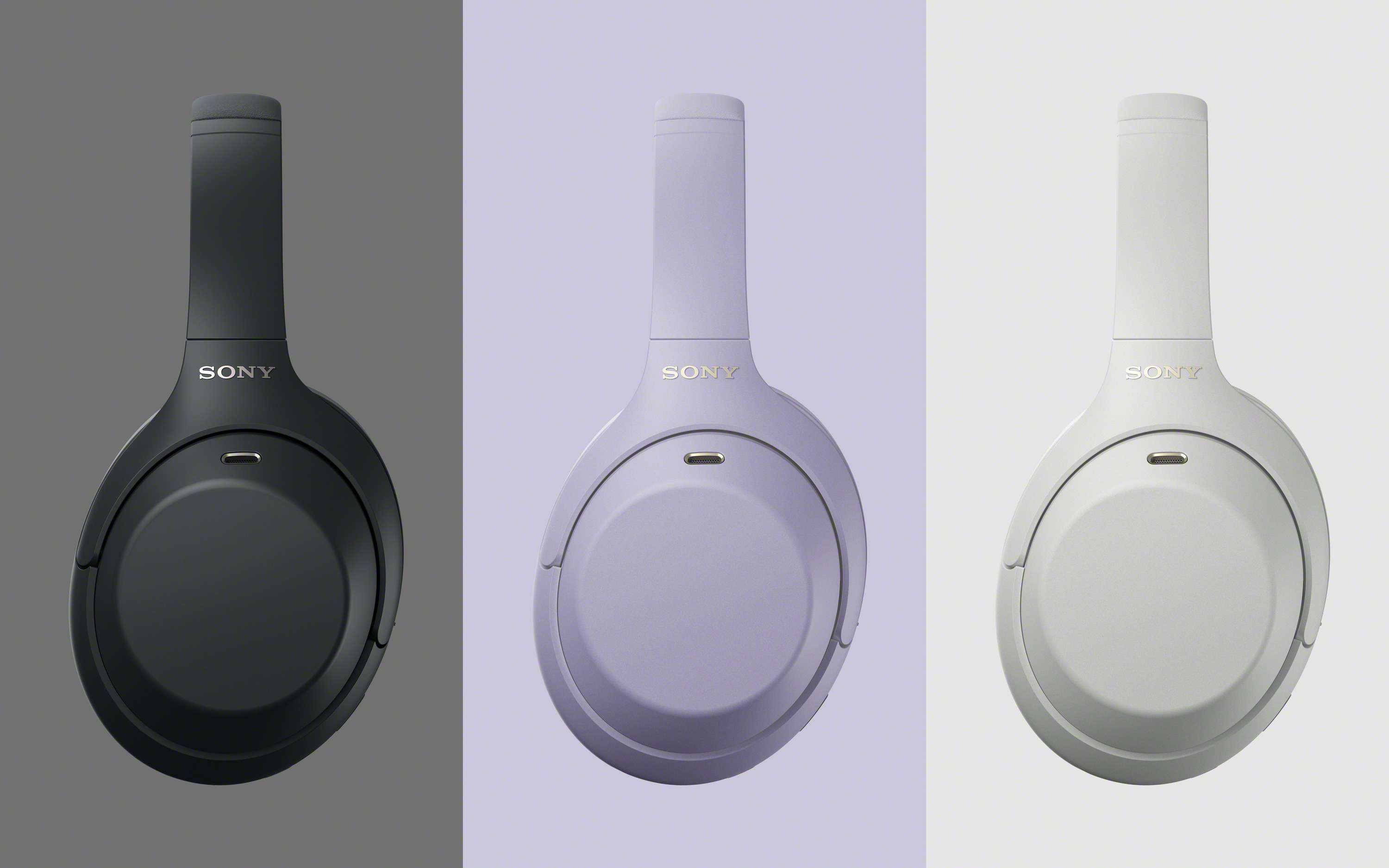 Drei Sony-Over-Ear-Kopfhörer in Schwarz, Lavendel und Weiß vor passenden Hintergründen.