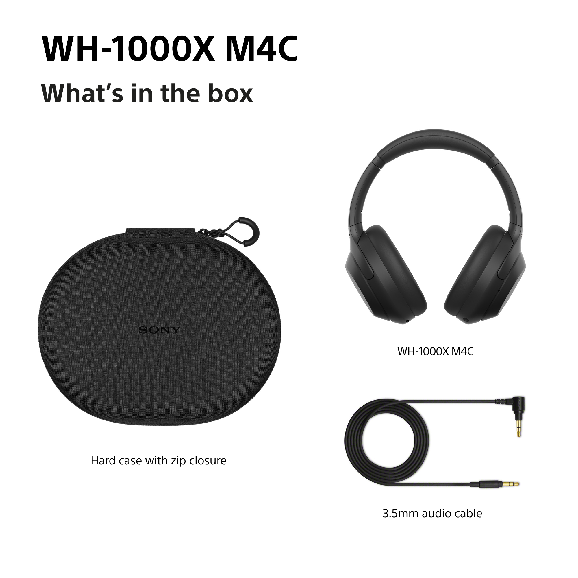 WH-1000X M4C Kopfhörer, Hartschalenetui und 3,5-mm-Audiokabel.