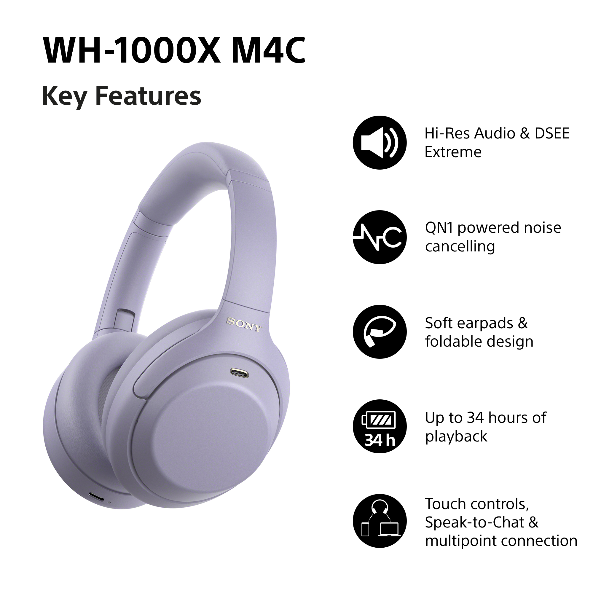 Lila Sony WH-1000XM4C Kopfhörer mit Key-Features und Symbolen auf weißem Hintergrund.