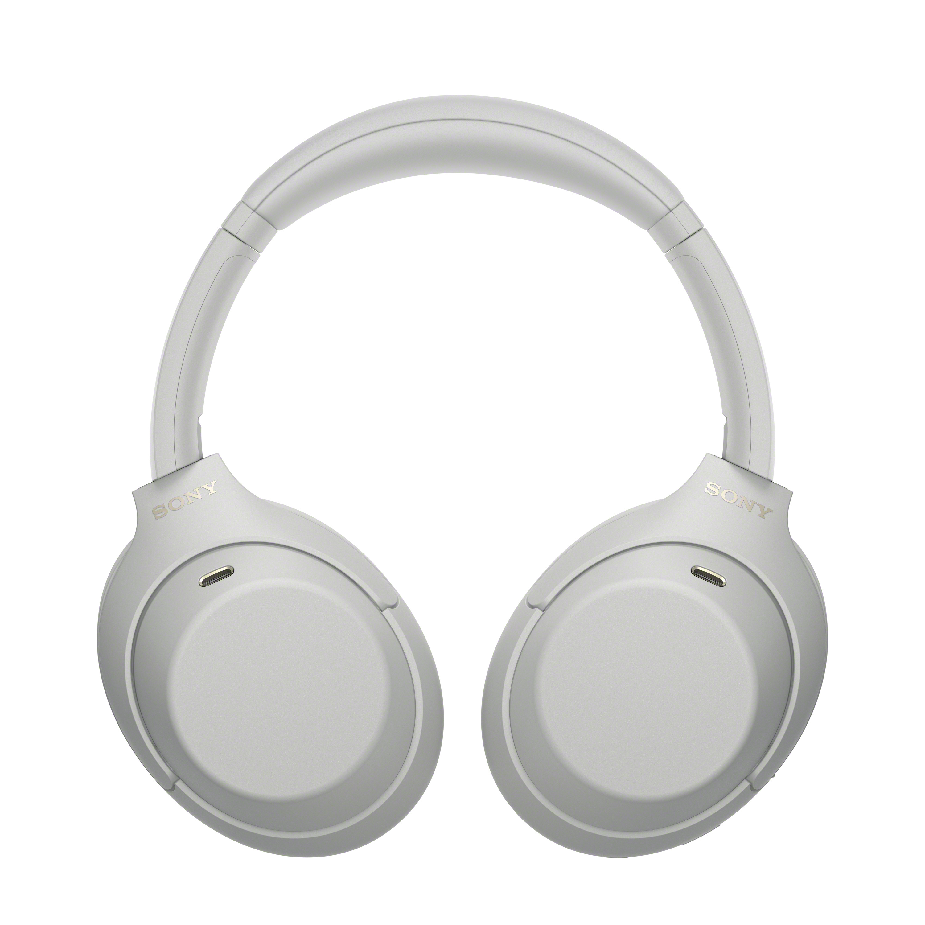 Graue kabellose Sony-Over-Ear-Kopfhörer vor weißem Hintergrund.