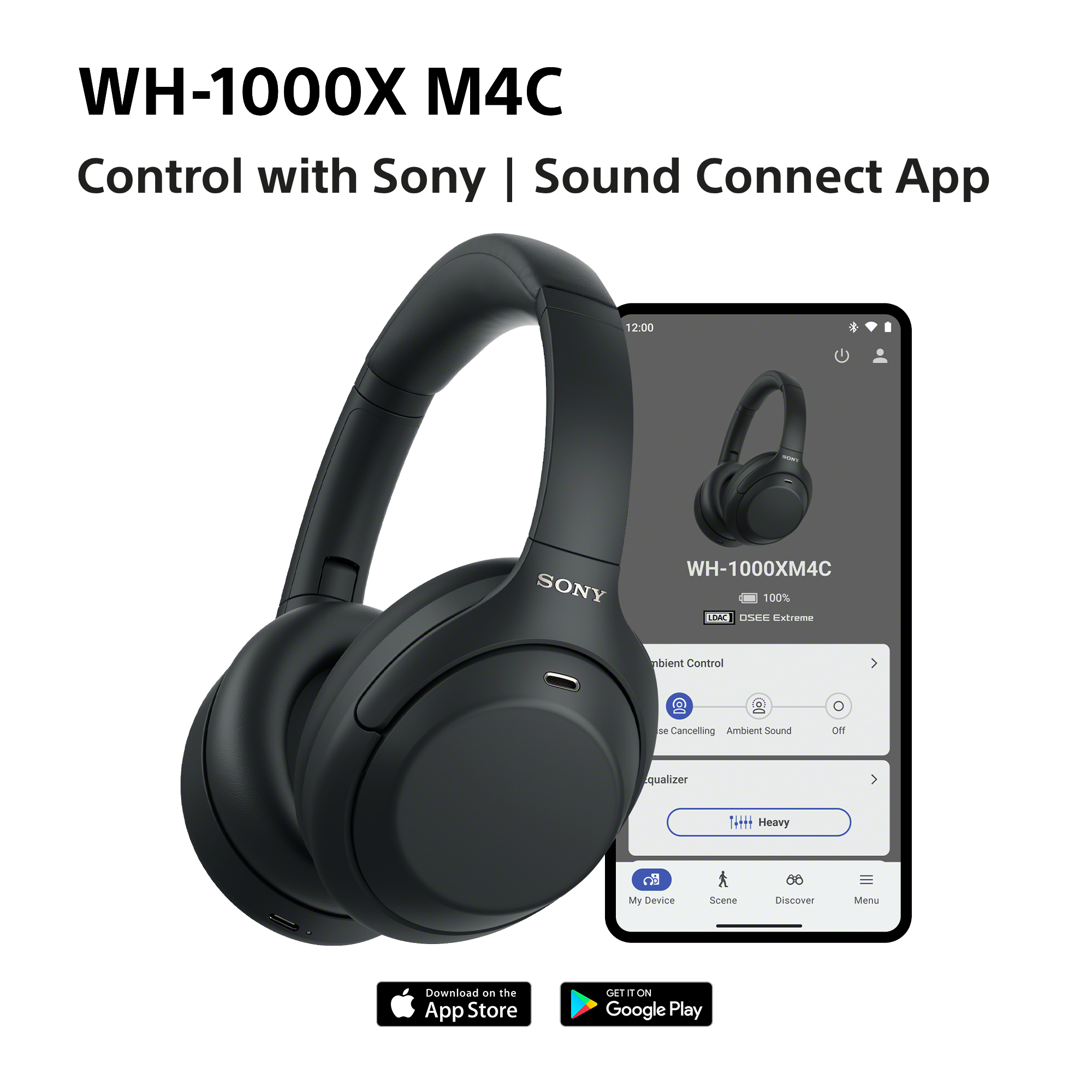 Schwarze Sony WH-1000XM4C Kopfhörer neben einem Smartphone, das die Sound Connect App anzeigt.