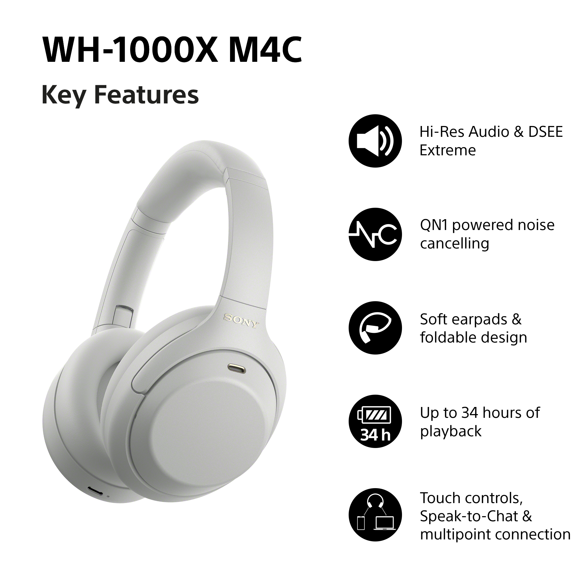 WH-1000X M4C Kopfhörer mit Key Features wie Hi-Res Audio, Geräuschunterdrückung und 34h Akku.