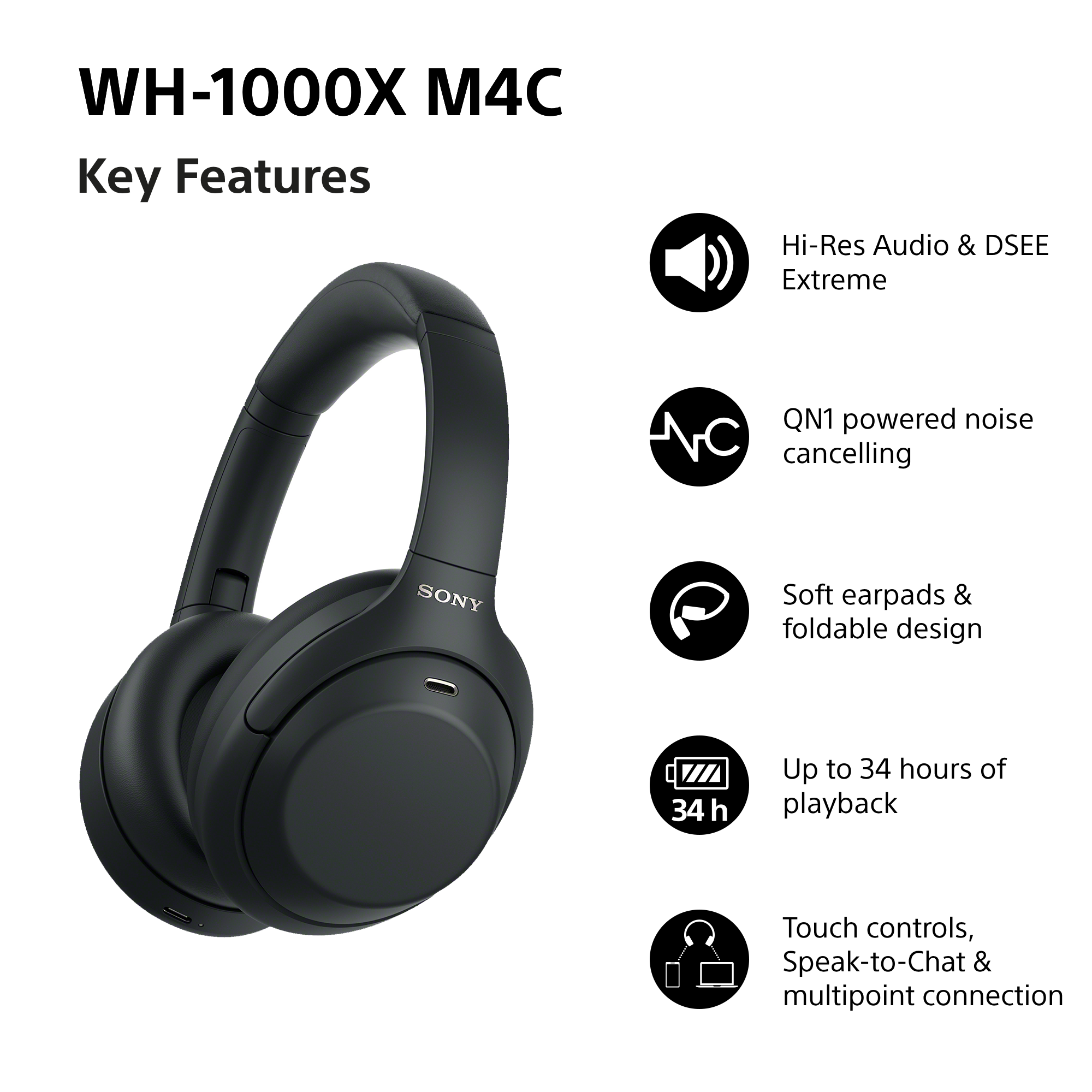Sony WH-1000X M4C Kopfhörer mit wichtigsten Funktionen und Symbolen.