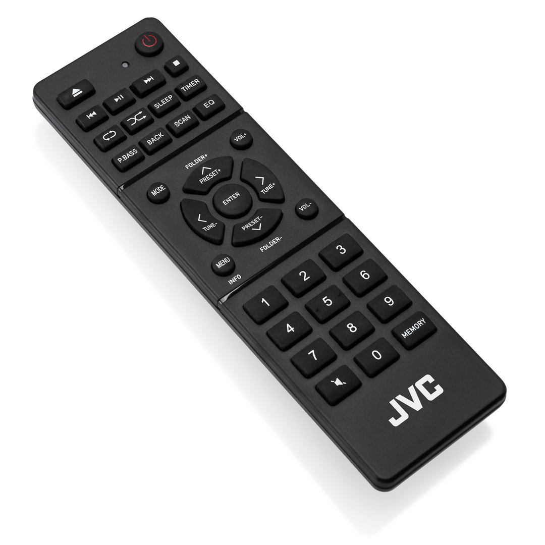 Fekete JVC távirányító számos gombbal, irányválasztóval és számbillentyűzettel fehér alapon.