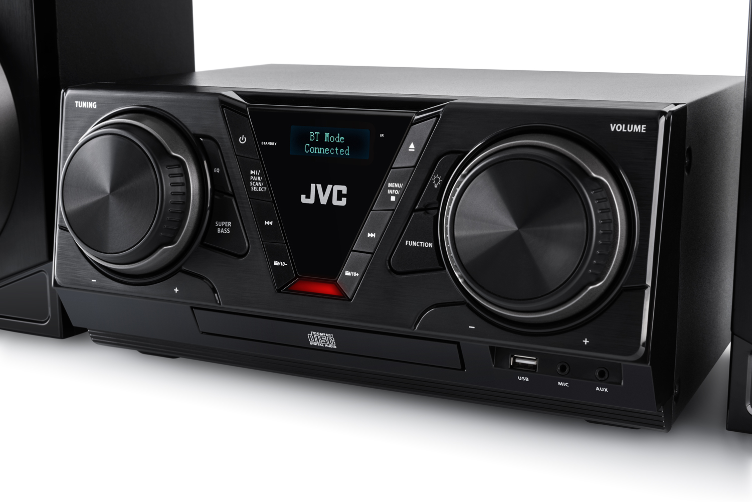 Fekete JVC audiórendszer CD-lejátszóval, hangerőszabályzóval és digitális kijelzővel.