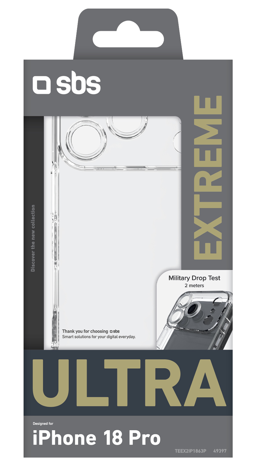 Opakowanie przezroczystego etui do iPhone 18 Pro, Extreme Ultra, z testem upadku.