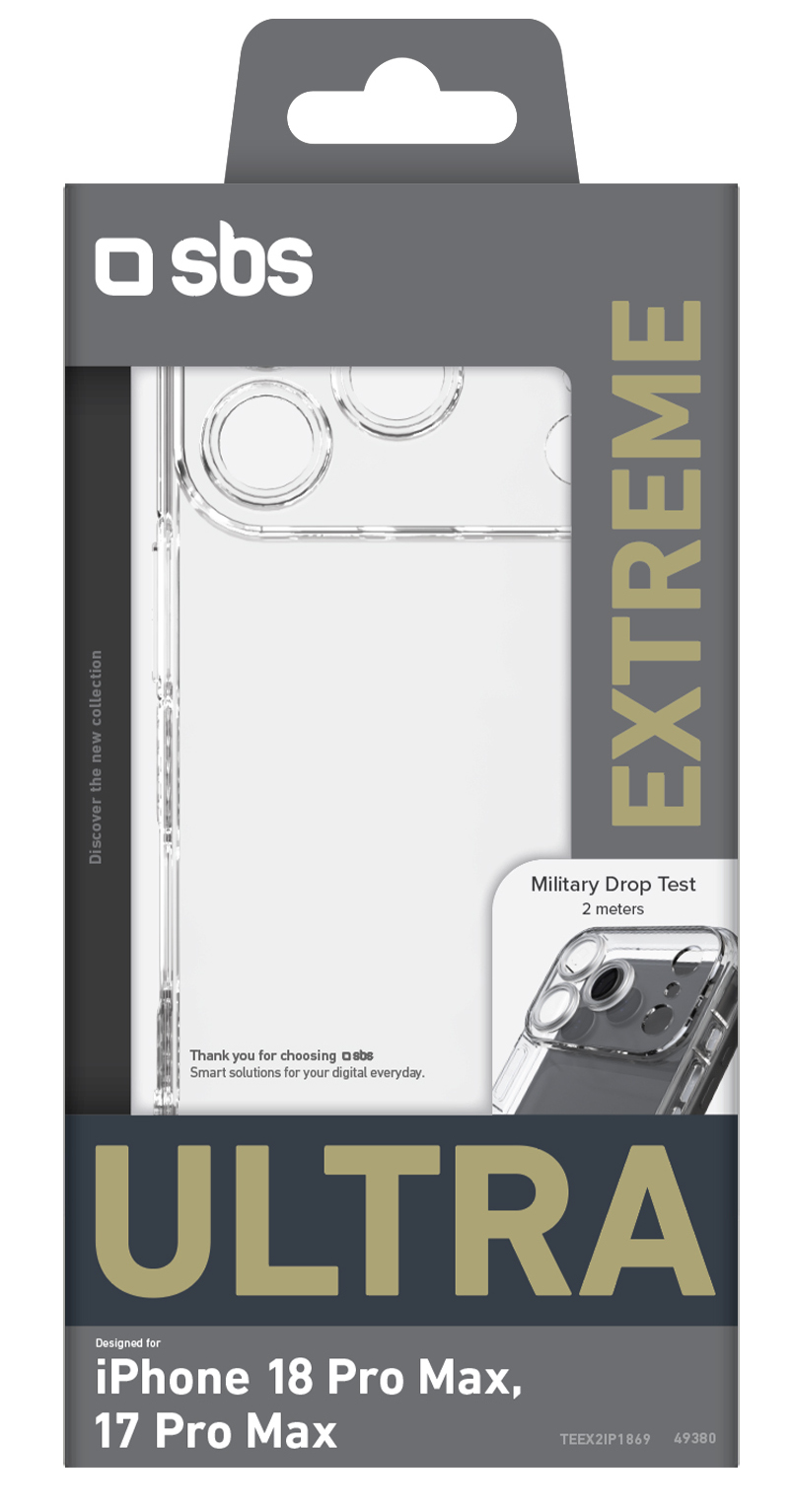 Opakowanie przezroczystego etui ochronnego SBS Ultra Extreme do iPhone'a Pro Max.