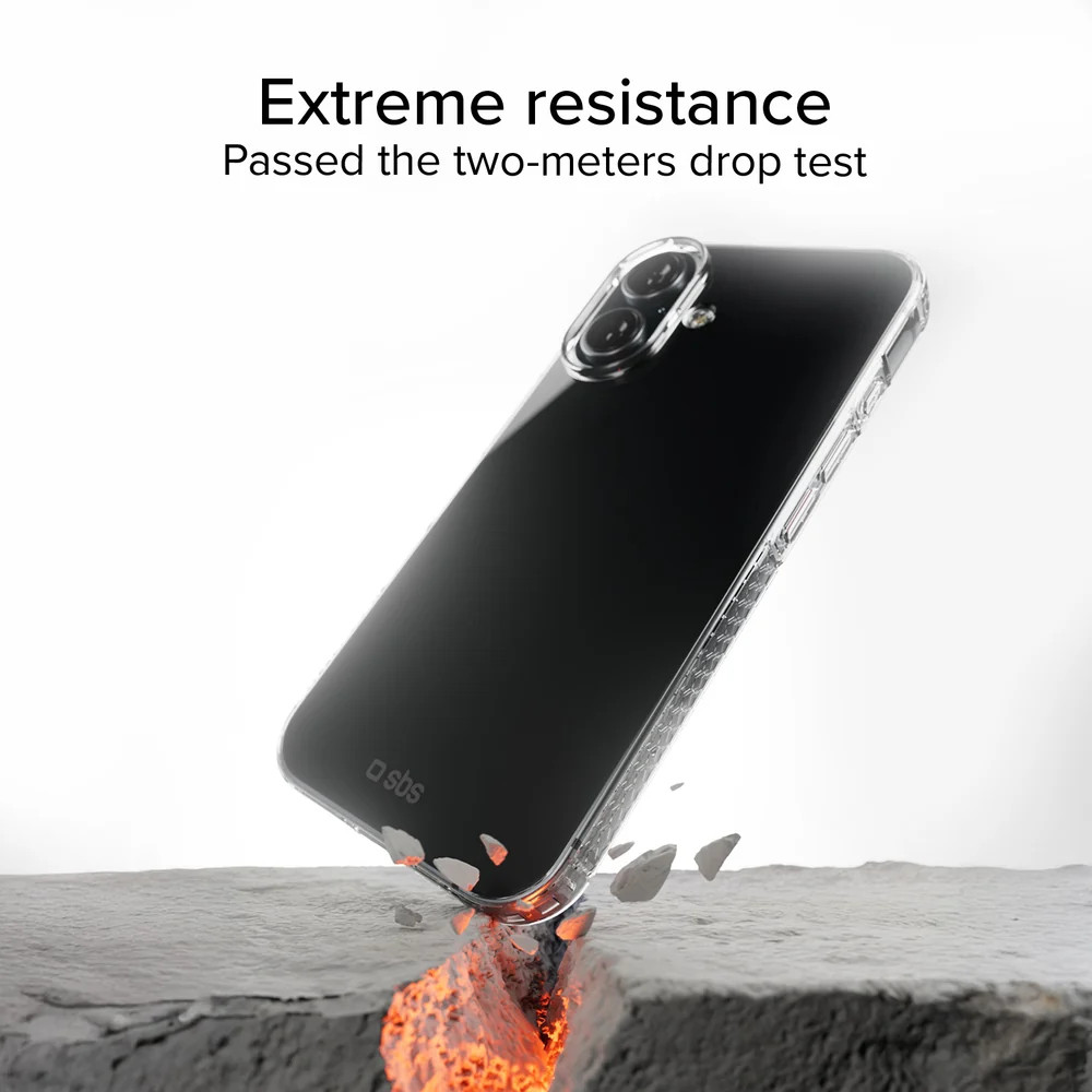 Czarny smartfon w przezroczystym etui spada na beton, rozrzucając gruz, z napisem ekstremalna odporność u góry.