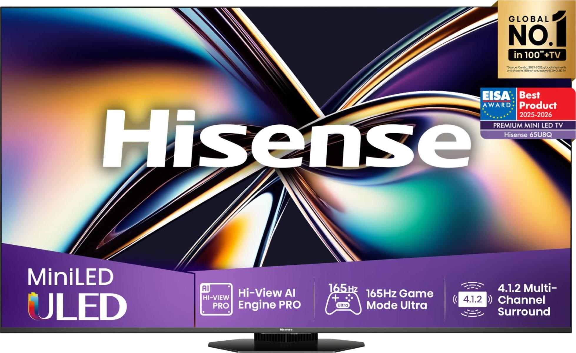 Telewizor Hisense MiniLED ULED z kolorową grafiką i nagrodami w rogach.