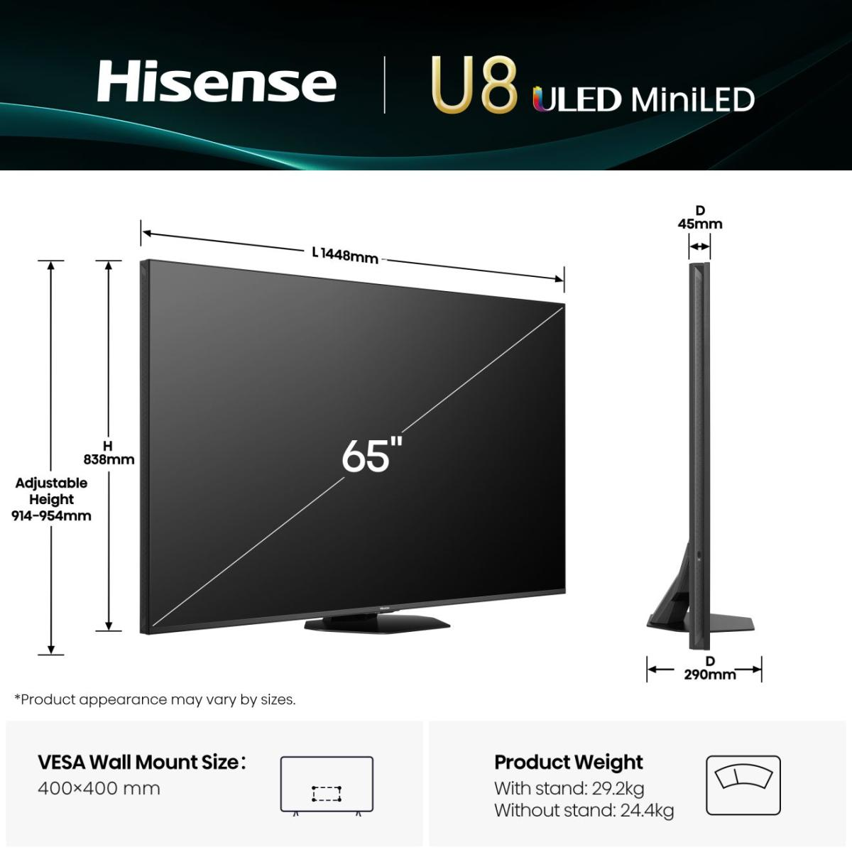 Specyfikacja i wymiary telewizora Hisense U8 ULED MiniLED 65 cali z podstawą i mocowaniem VESA.