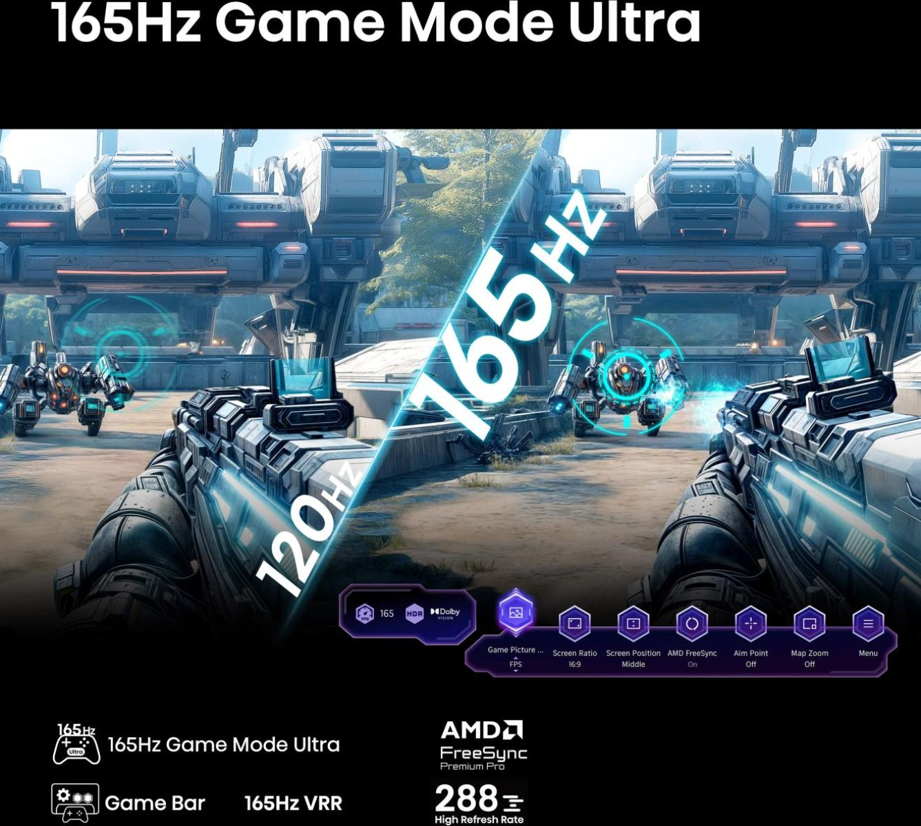 Scena z gry strzelanki sci-fi przedstawiająca 165Hz Game Mode Ultra, Game Bar, AMD FreeSync i opcje HUD.
