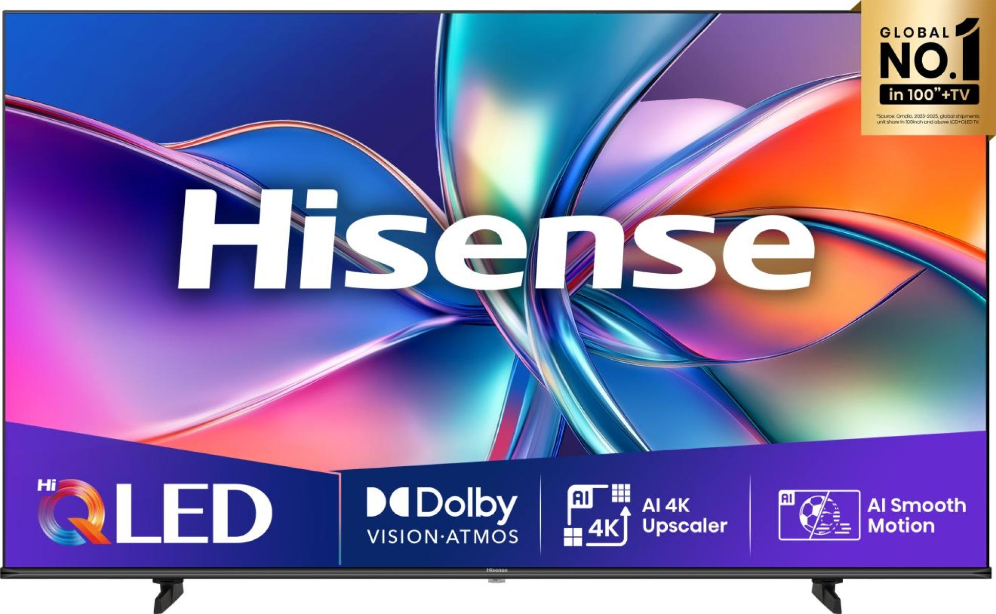 Telewizor Hisense QLED z Dolby Vision Atmos i AI 4K Upscaler na kolorowym tle.