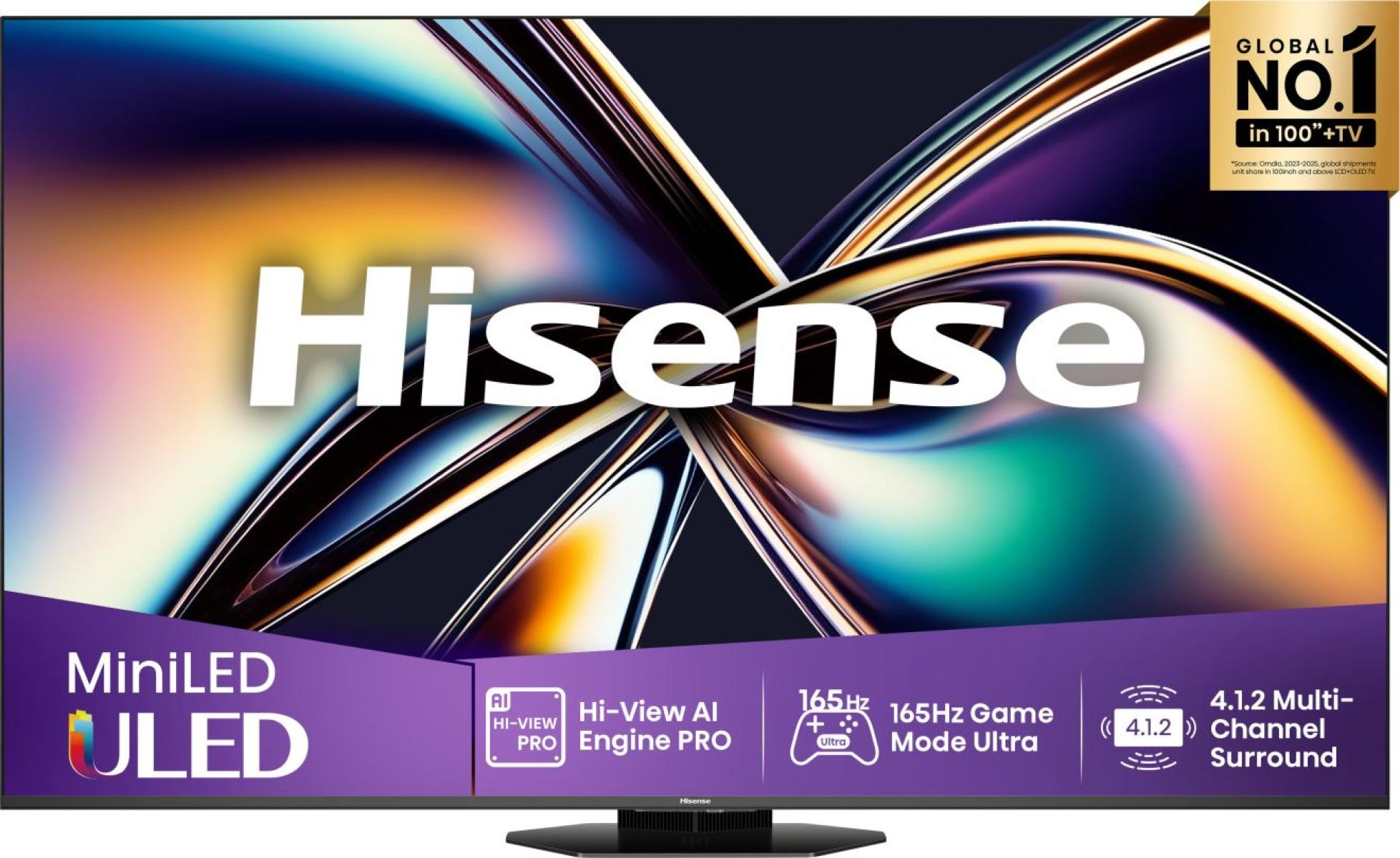 Telewizor Hisense MiniLED ULED z kolorową grafiką abstrakcyjną i funkcjami produktu na ekranie.