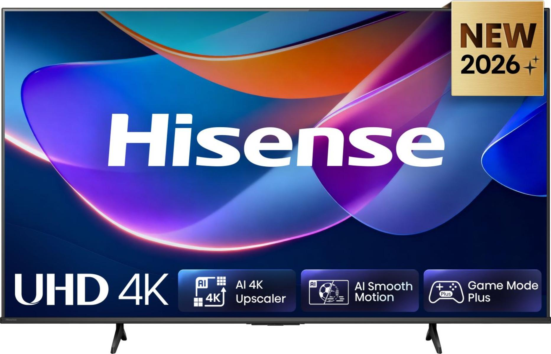 Hisense Smart TV mit buntem Bildschirm, der Hisense Logo und Funktionssymbole wie UHD 4K und AI Upscaler zeigt.