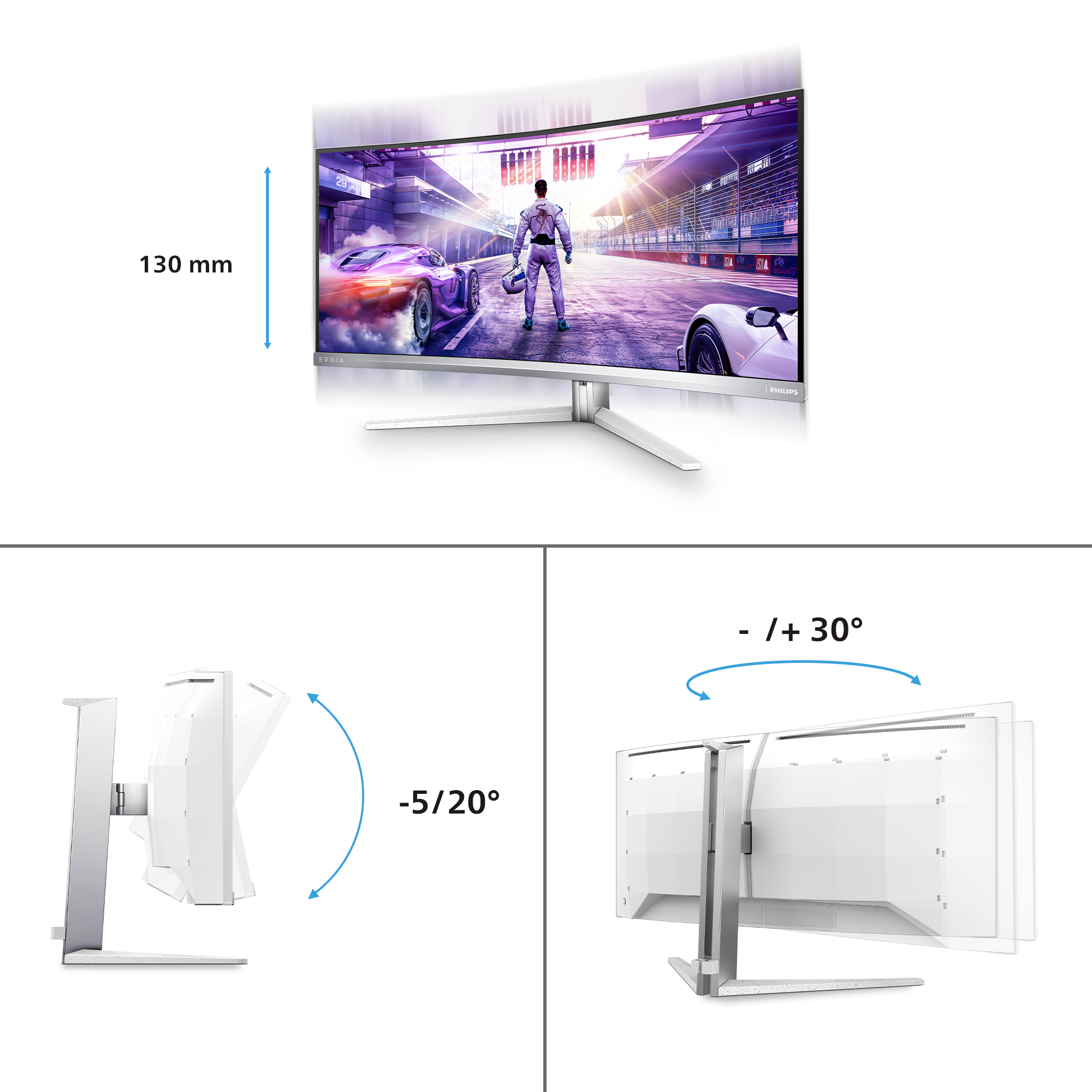 Weißer Curved-Monitor mit höhenverstellbarem, neigbarem und schwenkbarem Ständer.