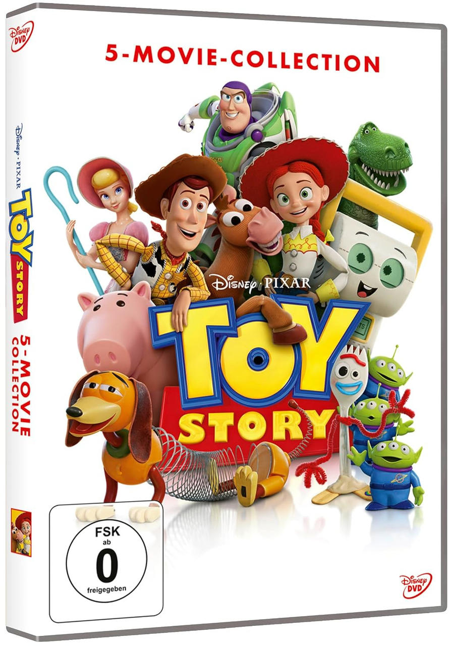 DVD-Cover der Toy Story 5-Film-Collection mit Woody, Buzz Lightyear und weiteren beliebten Charakteren.