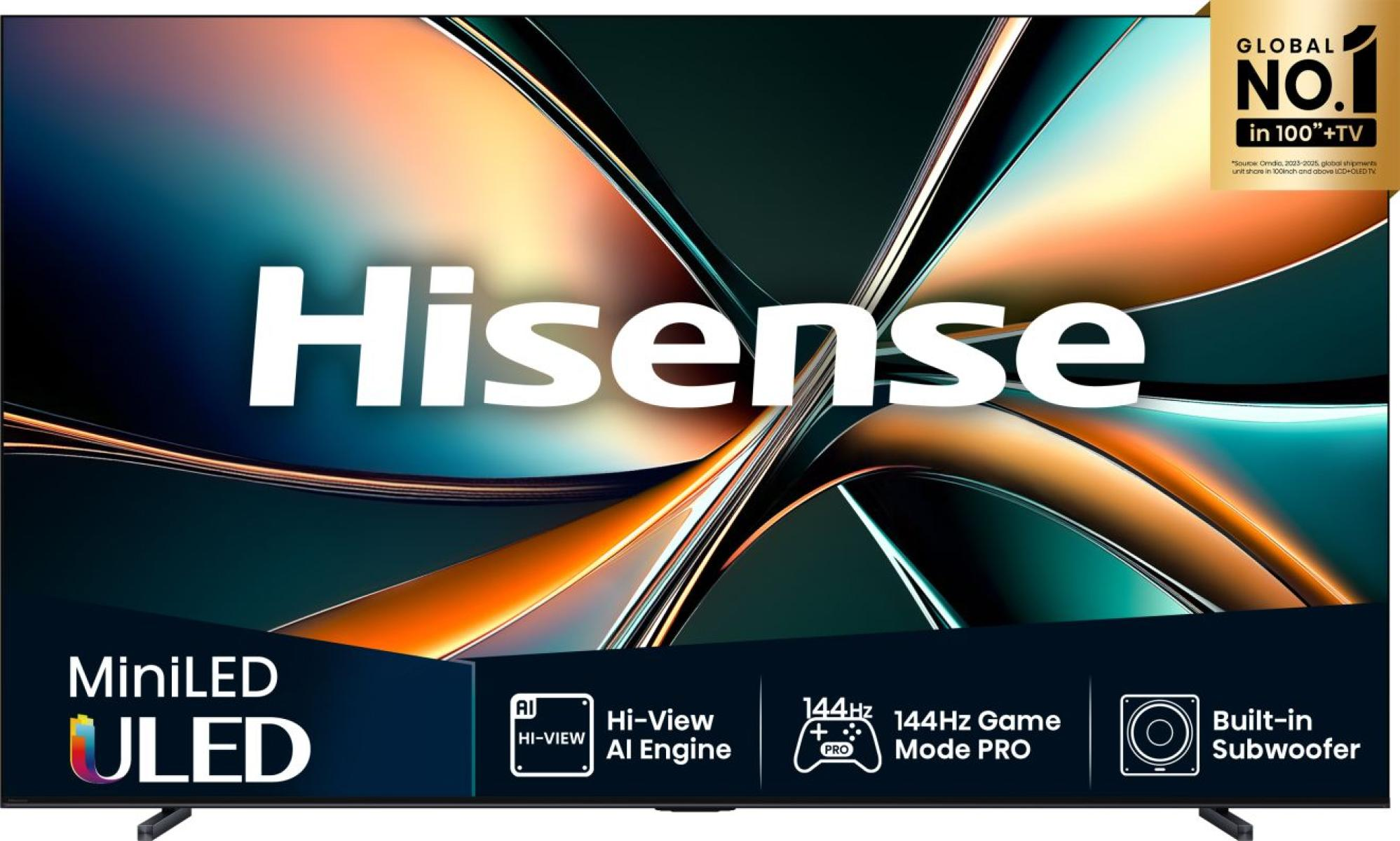 Telewizor Hisense MiniLED ULED z silnikiem AI, trybem gry 144Hz i wbudowanym subwooferem.