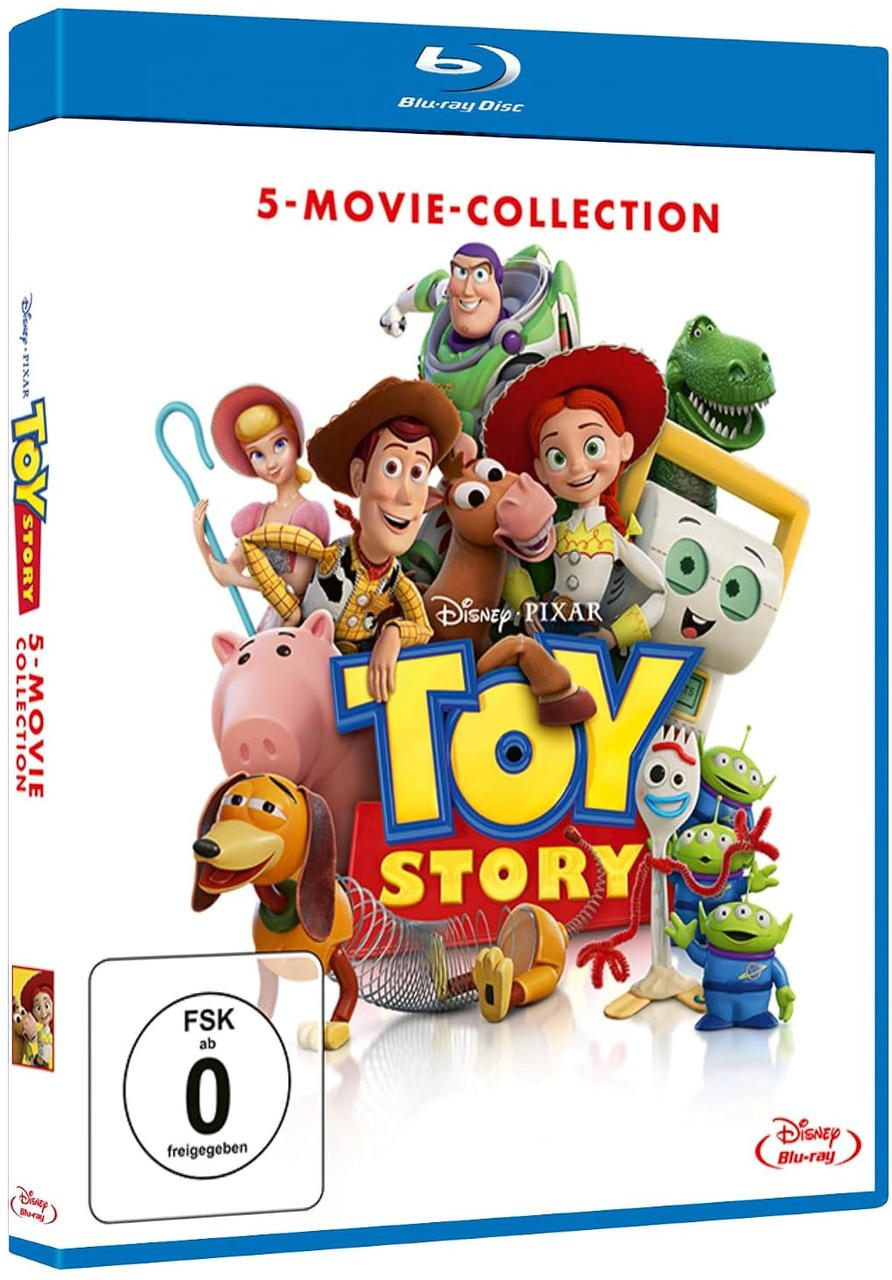 Toy Story 5-Filme-Sammlung Blu-ray-Cover mit Woody, Buzz, Jessie und anderen beliebten Charakteren.