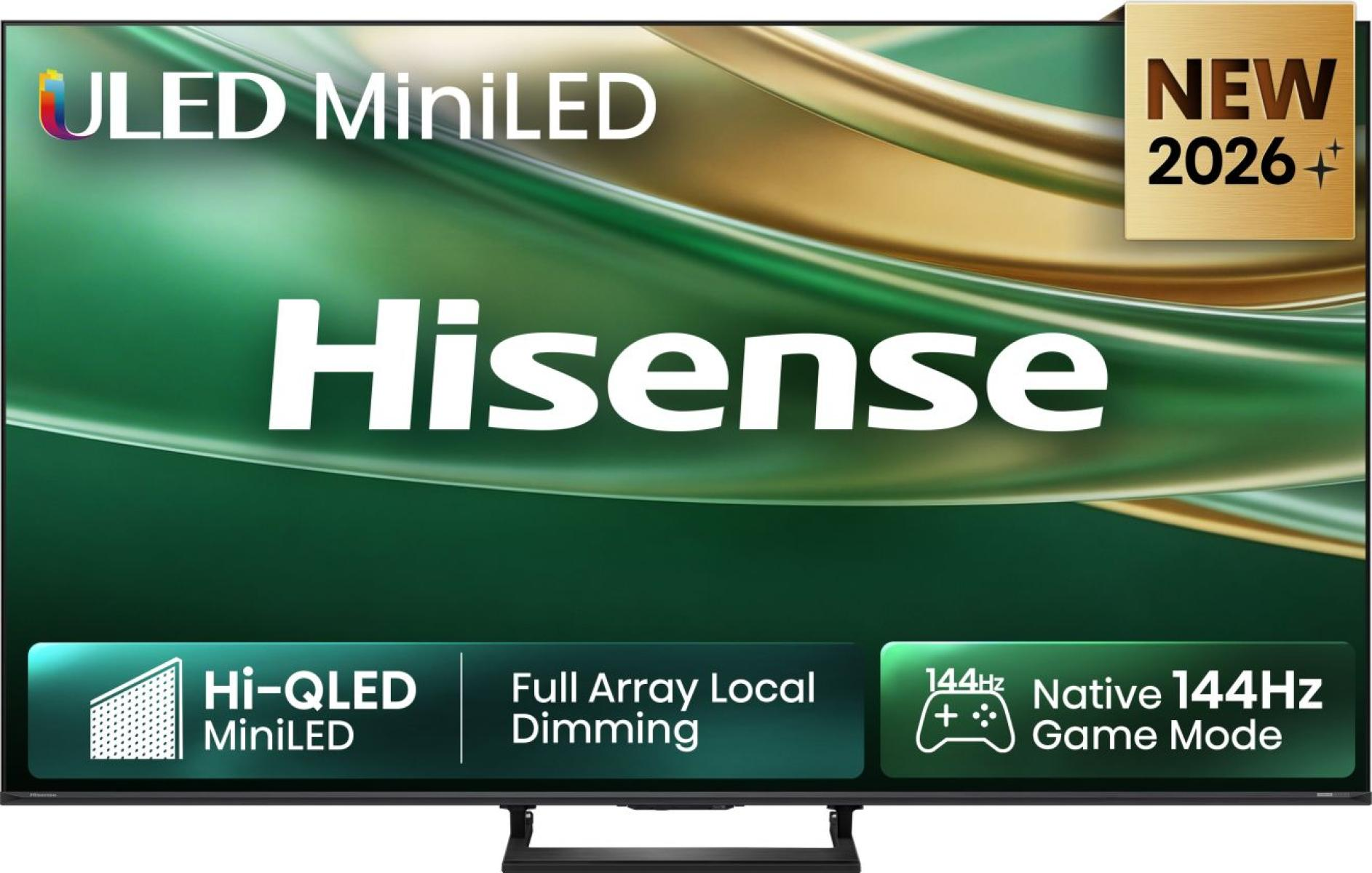 Telewizor Hisense ULED MiniLED z zielonym tłem i tekstem wyróżniającym Hi-QLED MiniLED oraz tryb gry 144 Hz.