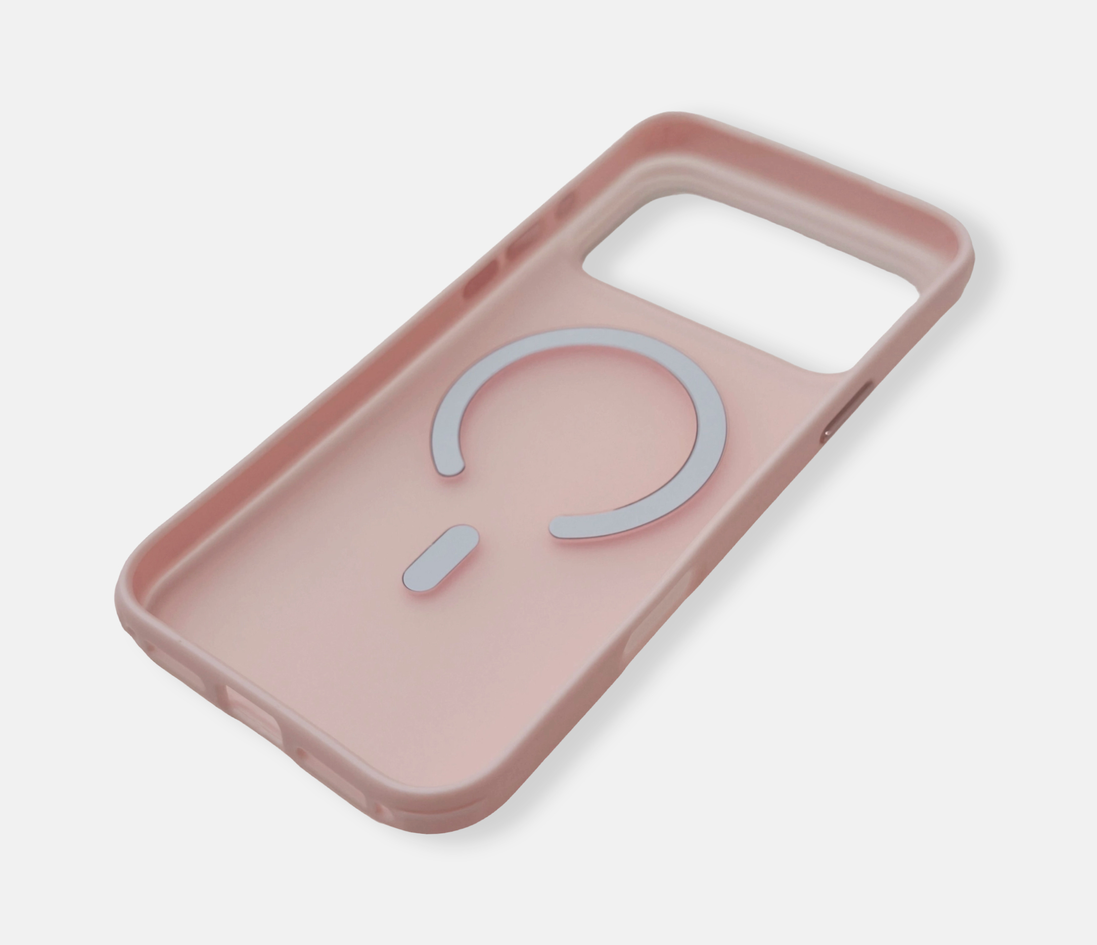 Açık arka plan üzerinde, içinde manyetik halka bulunan pembe akıllı telefon kılıfı.