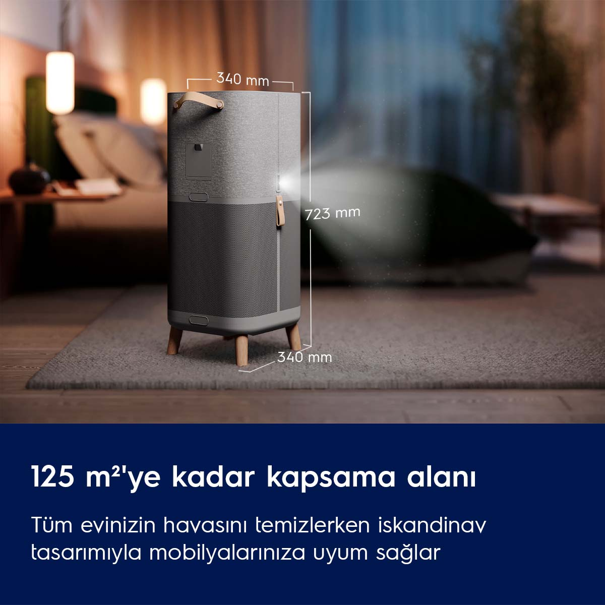 Ahşap ayaklı gri hava temizleyici, odada 340x340x723 mm ölçüleriyle.