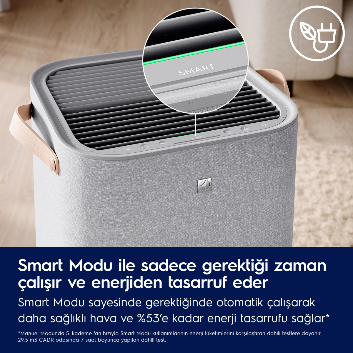 Akıllı modlu ve yeşil ekran zoomlu gri hava temizleyici.