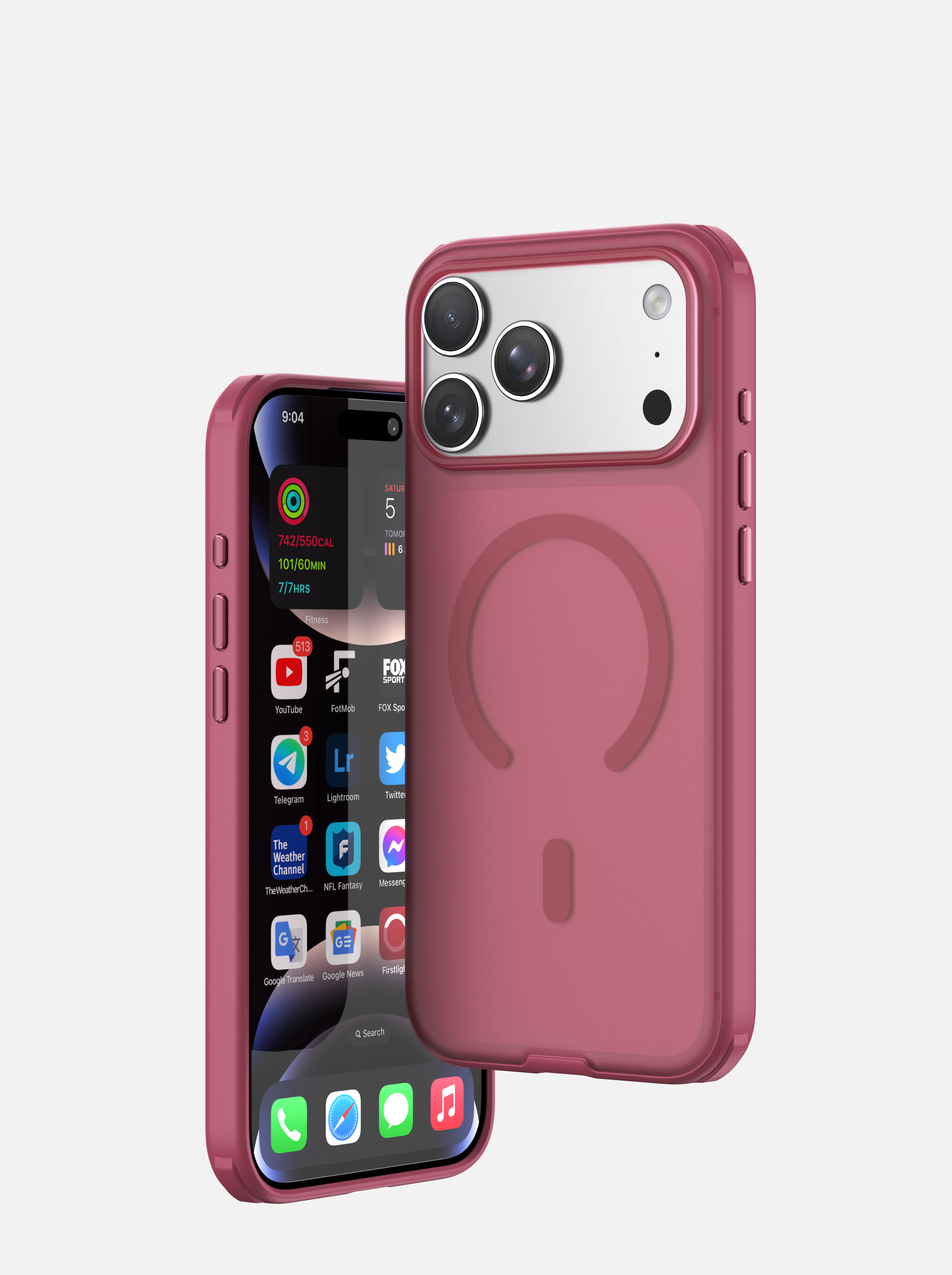 Kılıflı iki pembe akıllı telefon, biri ekranı, diğeri kamera lensleriyle arka tarafı gösteriyor.