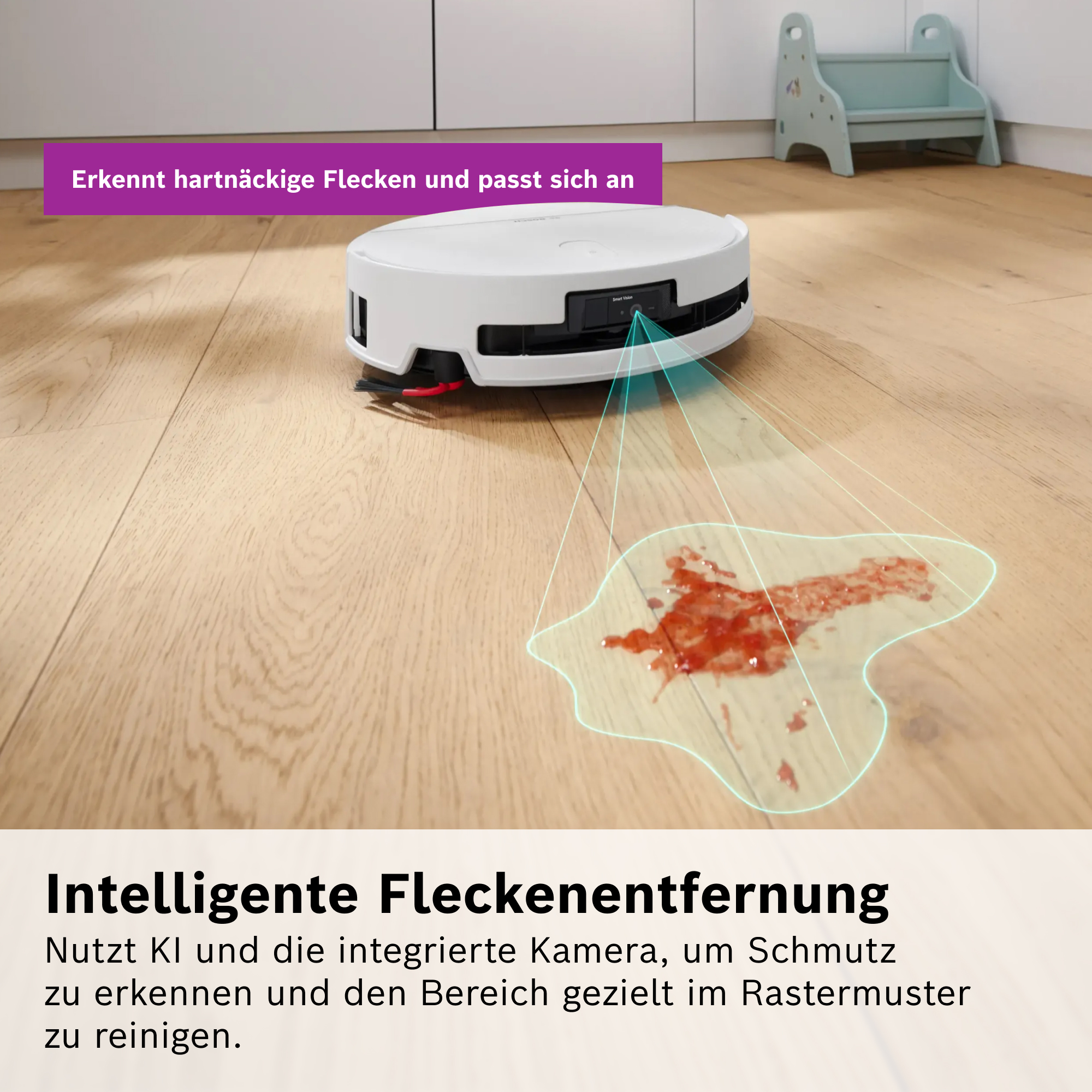 Ein weißer Saugroboter scannt einen roten Fleck auf dem Holzboden mit einer blauen Lasermarkierung.