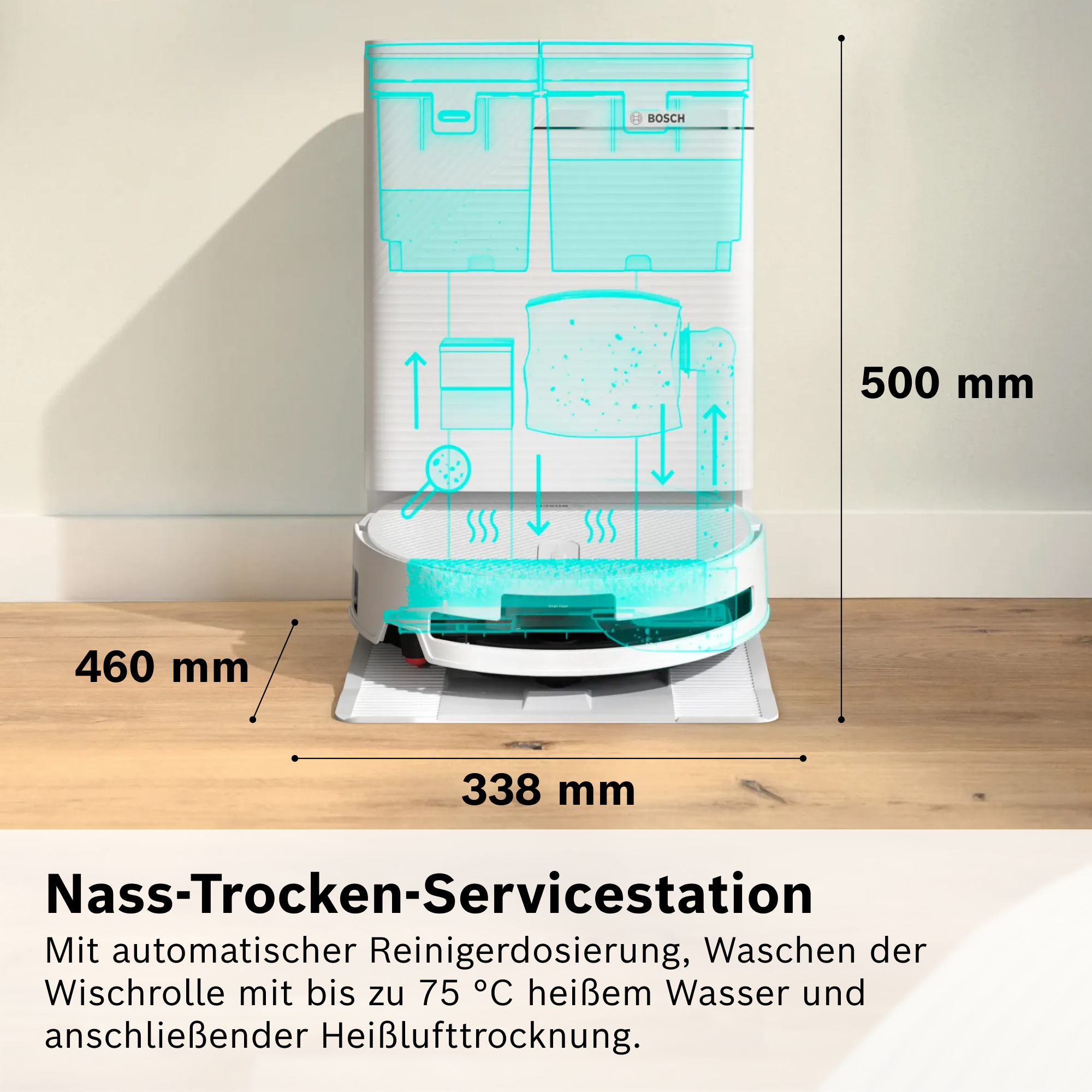 Diagramm einer Nass-Trocken-Servicestation für Saugroboter mit Abmessungen von 500x338x460 mm.