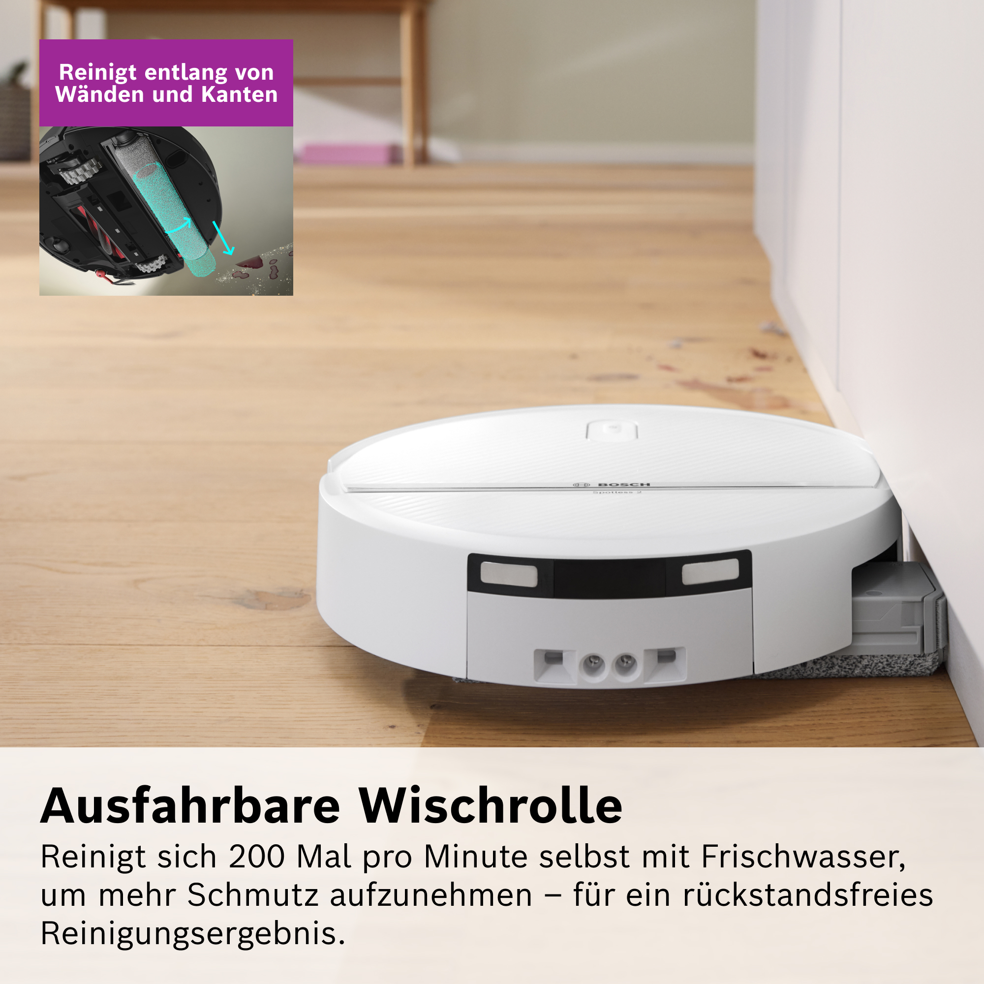 Ein weißer Saugroboter reinigt nah an einer Wand auf Holzboden, mit Textüberlagerungen über seine Funktionen.