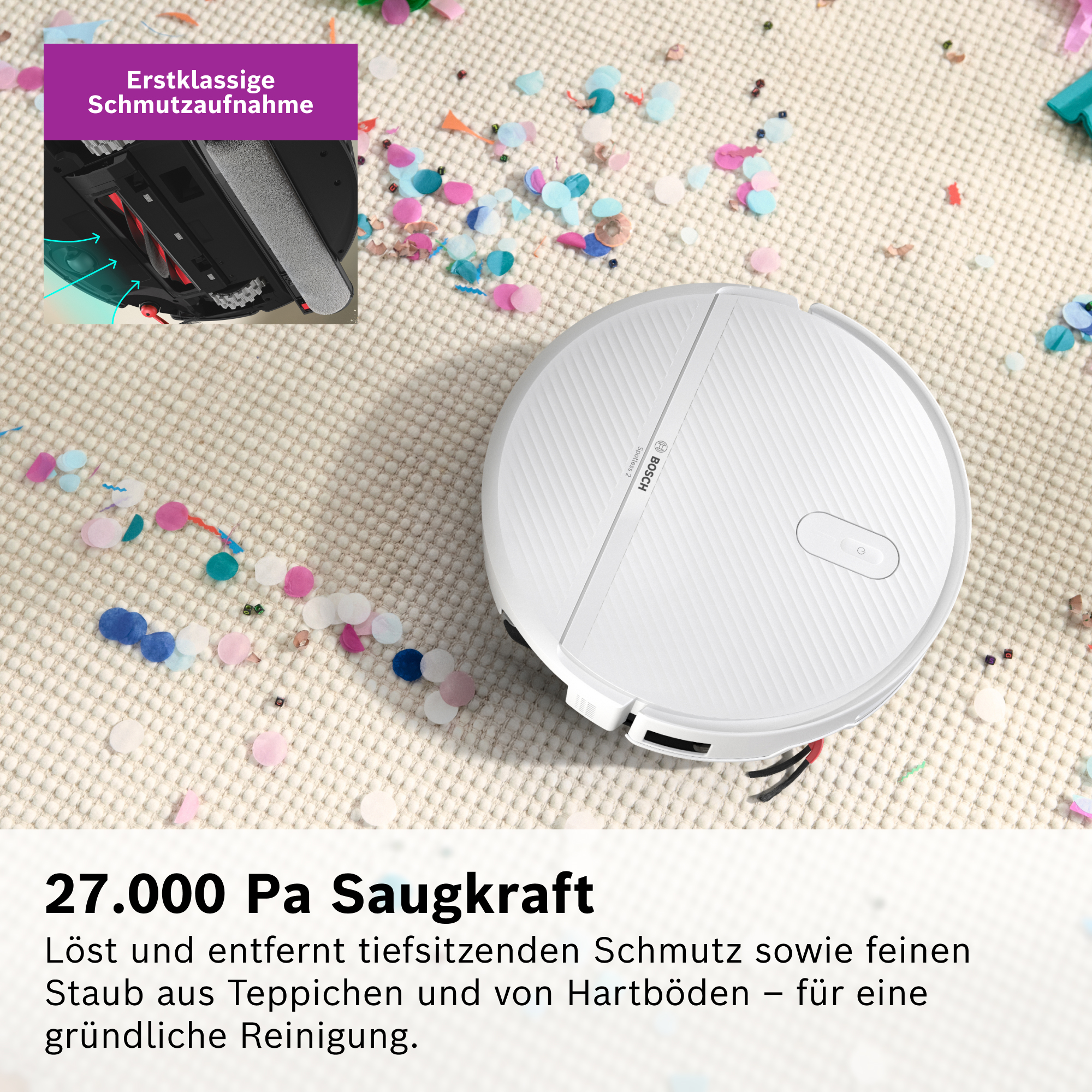 Ein weißer Saugroboter auf einem Teppich, umgeben von buntem Konfetti und Schmutz.