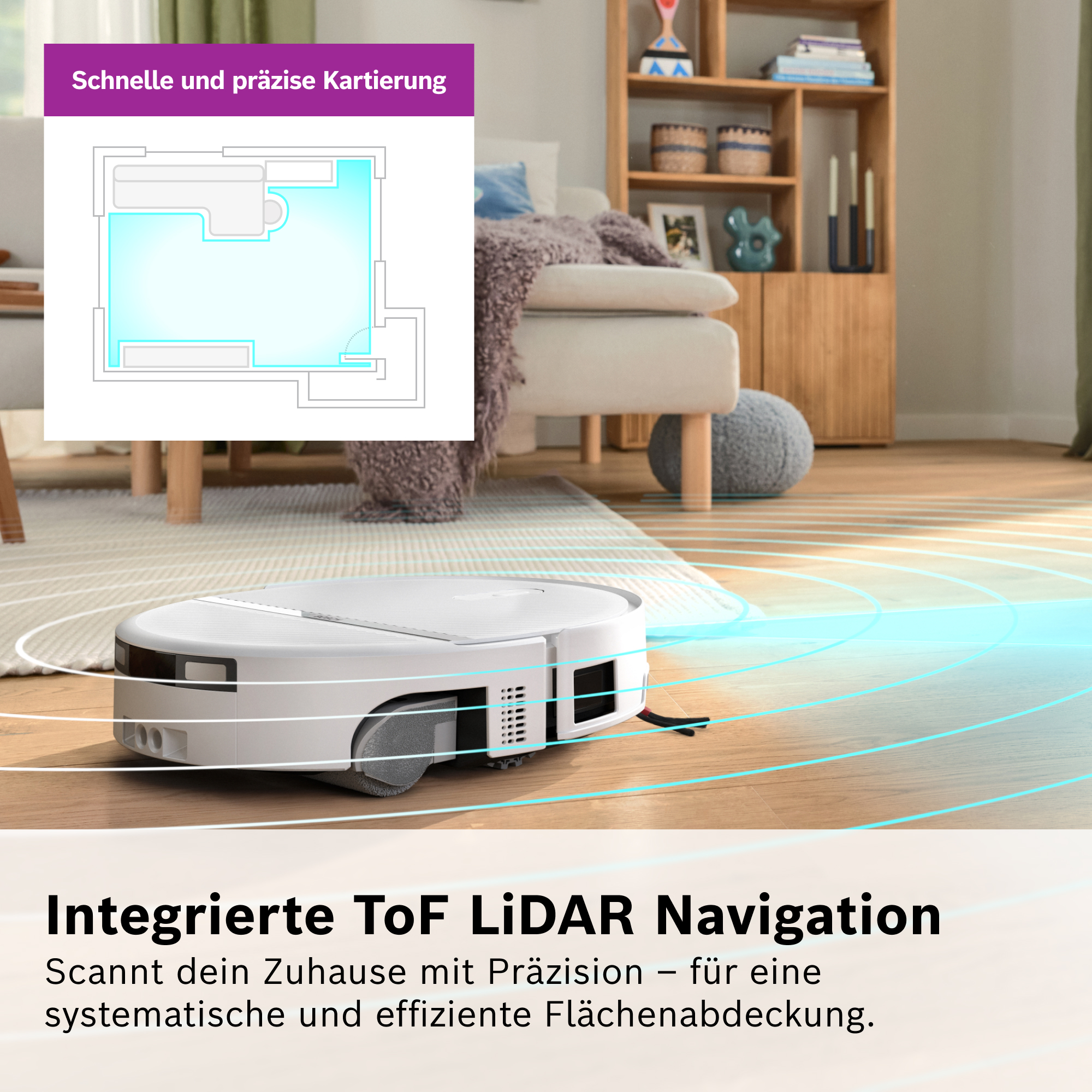 Ein weißer Saugroboter auf einem Holzboden mit digitaler Mapping-Grafik und LiDAR-Scanstrahlen.