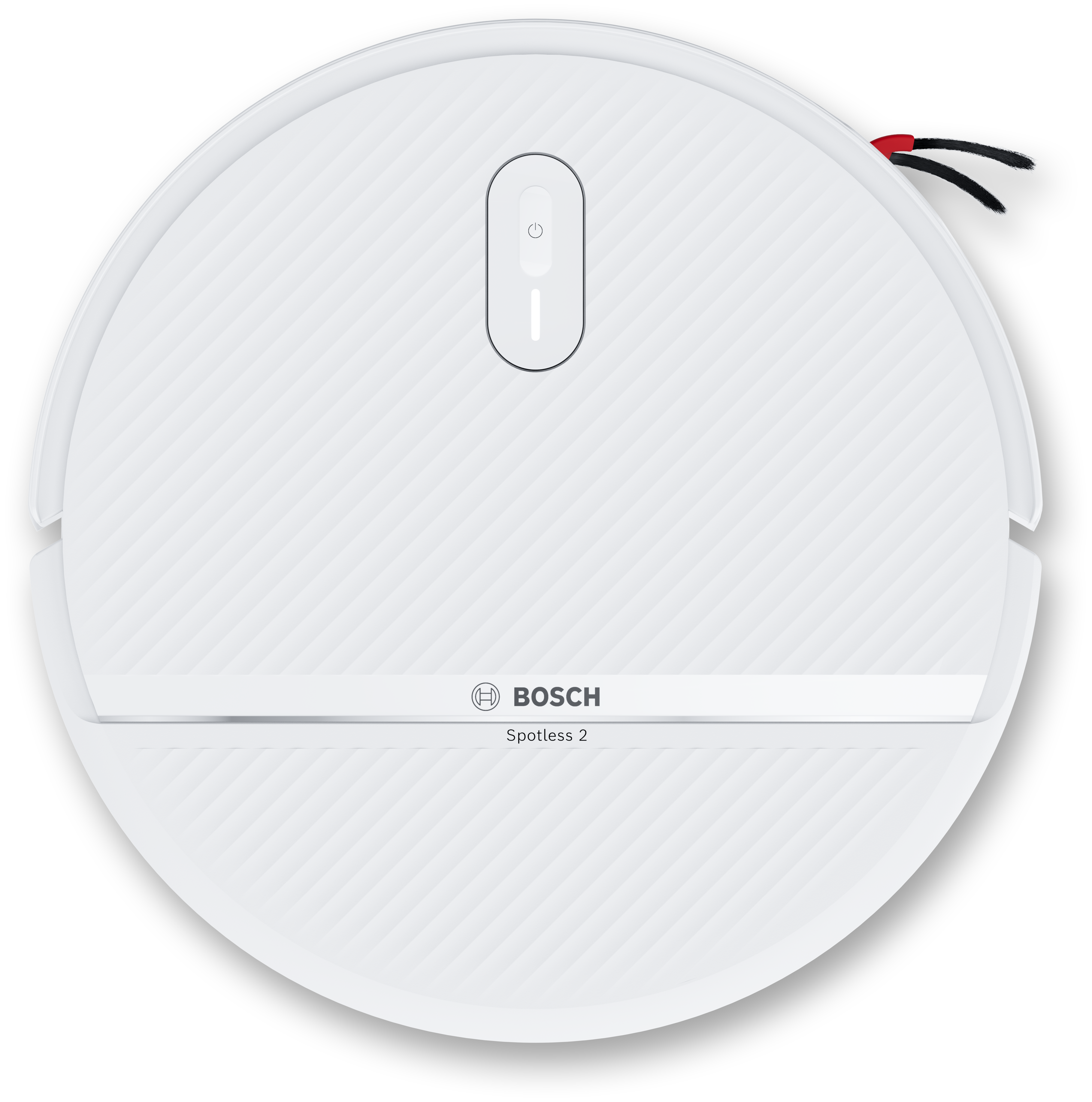 Ein weißer Bosch Spotless 2 Saugroboter von oben auf hellem Hintergrund.