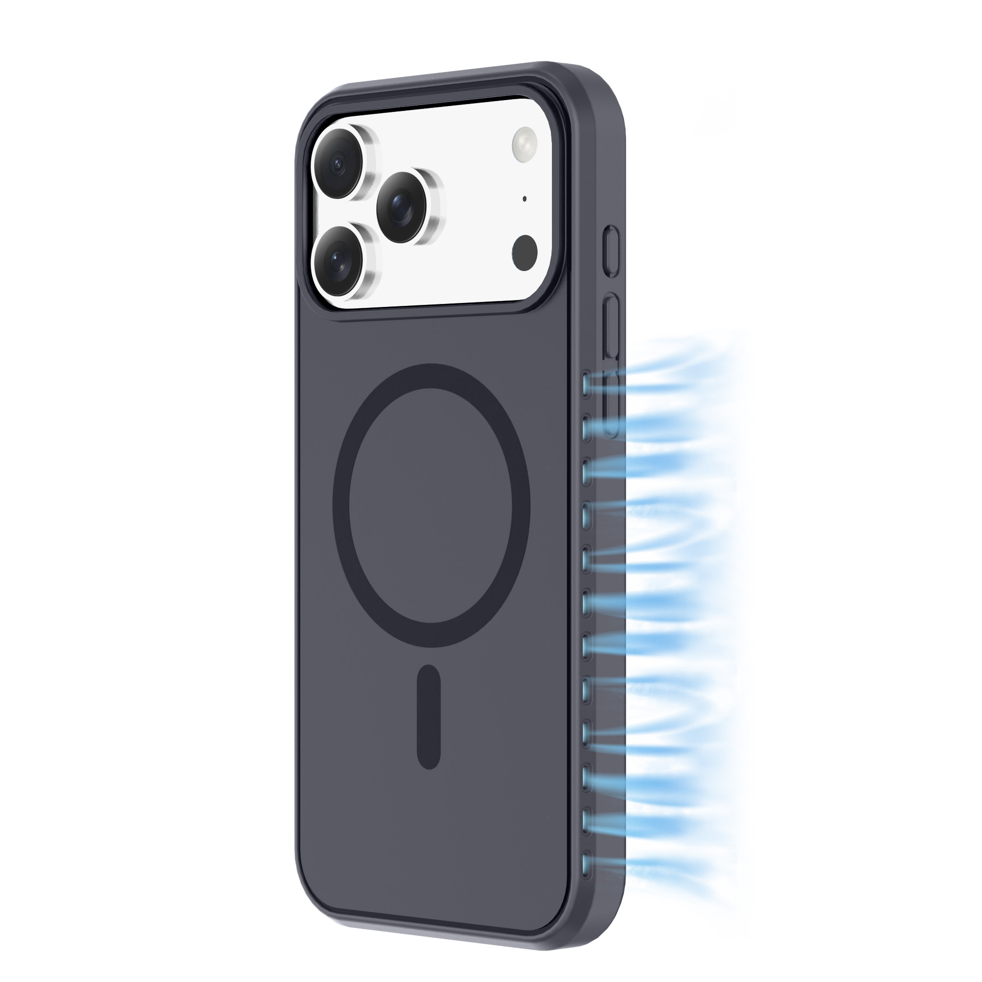 MagSafe halkalı ve yan tarafında mavi soğuk hava üfleyen havalandırma delikleri olan siyah akıllı telefon kılıfı.