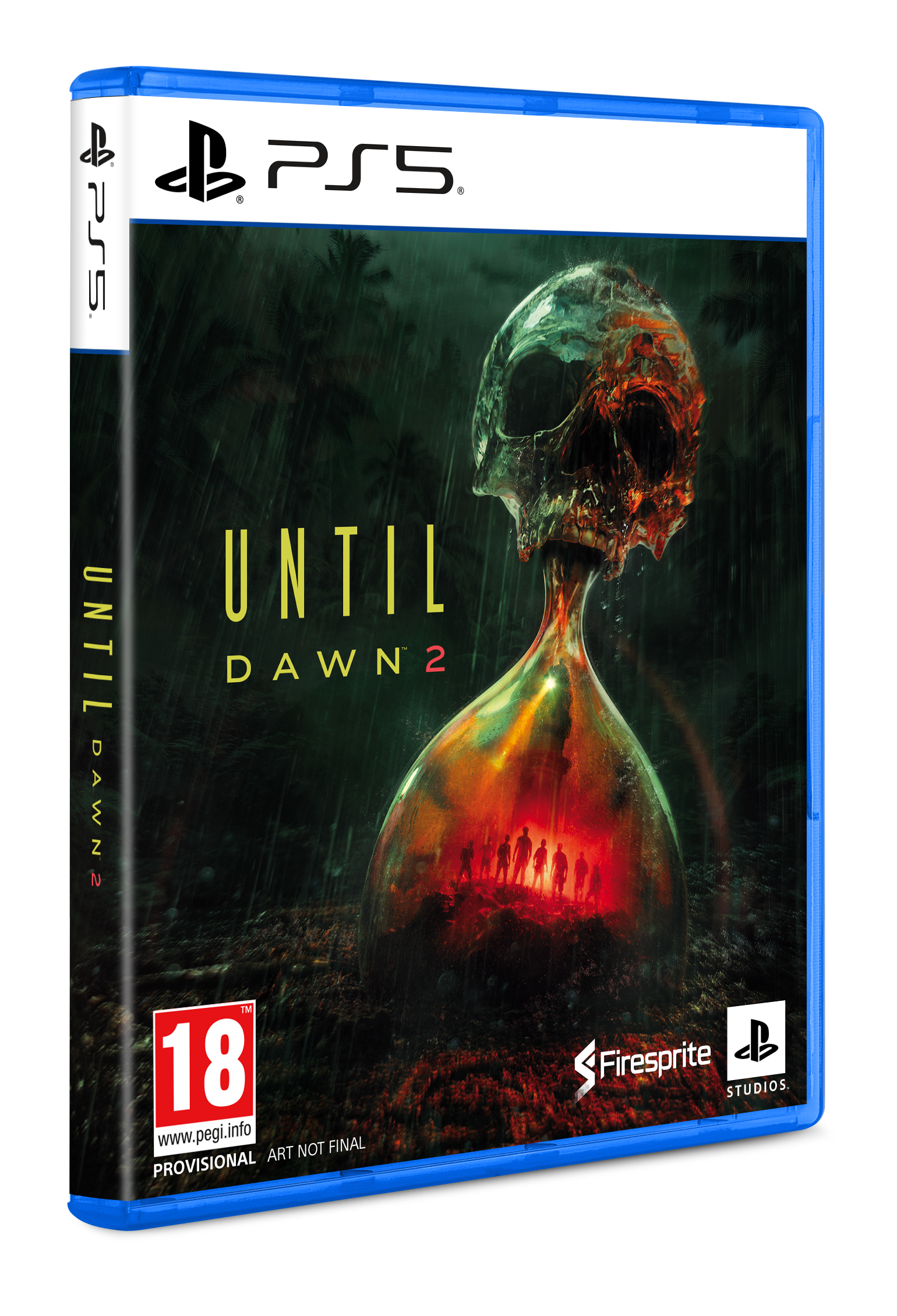 PS5-Spielhülle Until Dawn 2 mit Totenkopf, Stundenglas und Figuren in dunkler, waldartiger Kulisse.