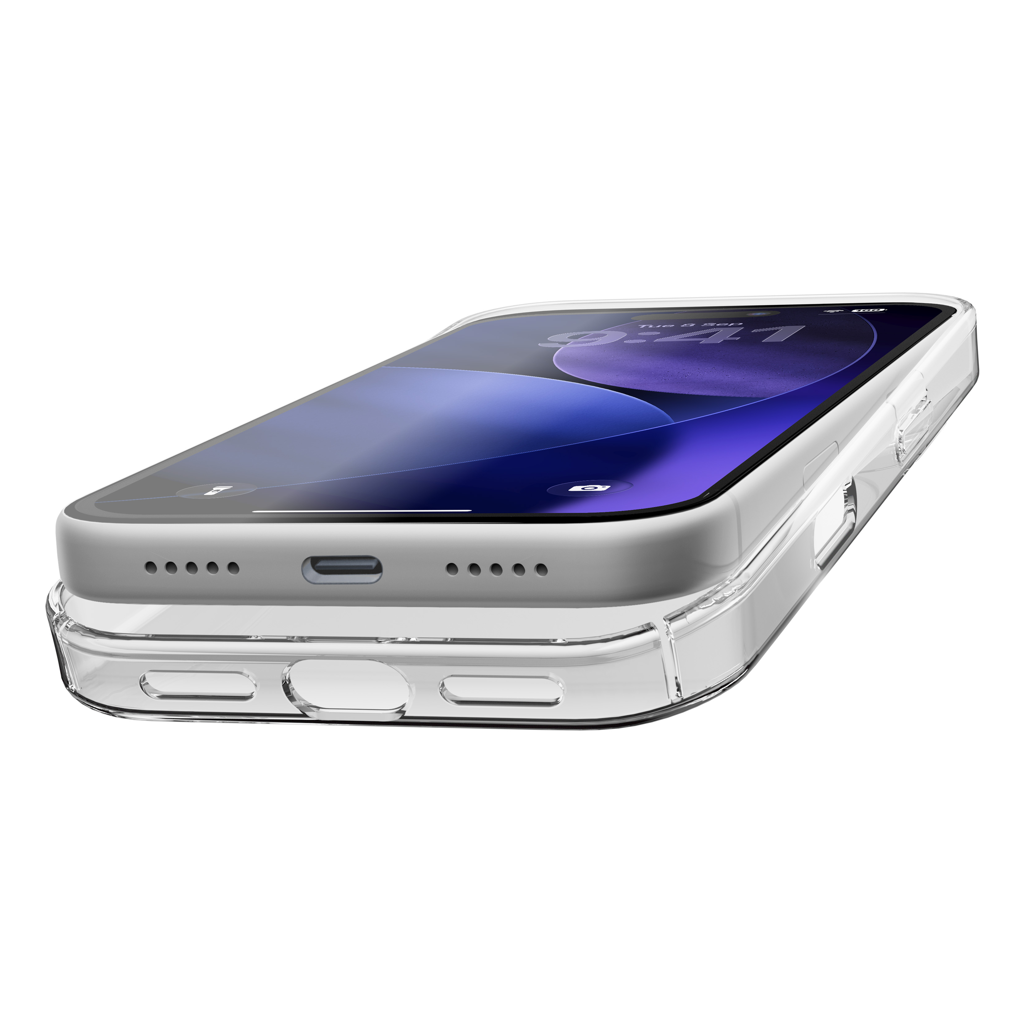 Şeffaf kılıf içindeki akıllı telefon alt açıdan görünüm, şarj portu, hoparlörler ve mavi ekran grafikleri.