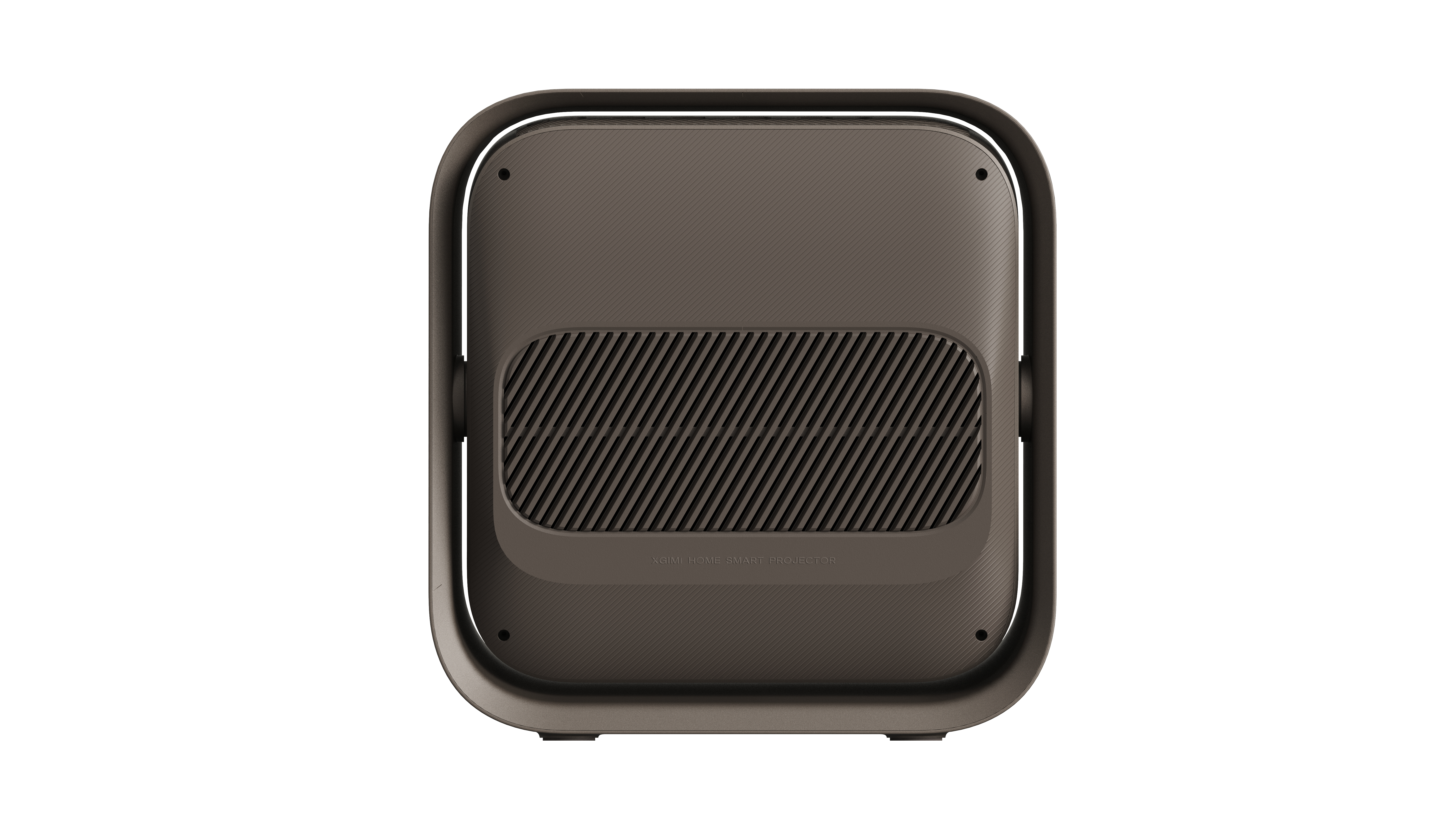 Dunkelbrauner XGIMI Home Smart Projektor in quadratischem Design mit vertikalem Ständer und Lüftungsschlitzen.